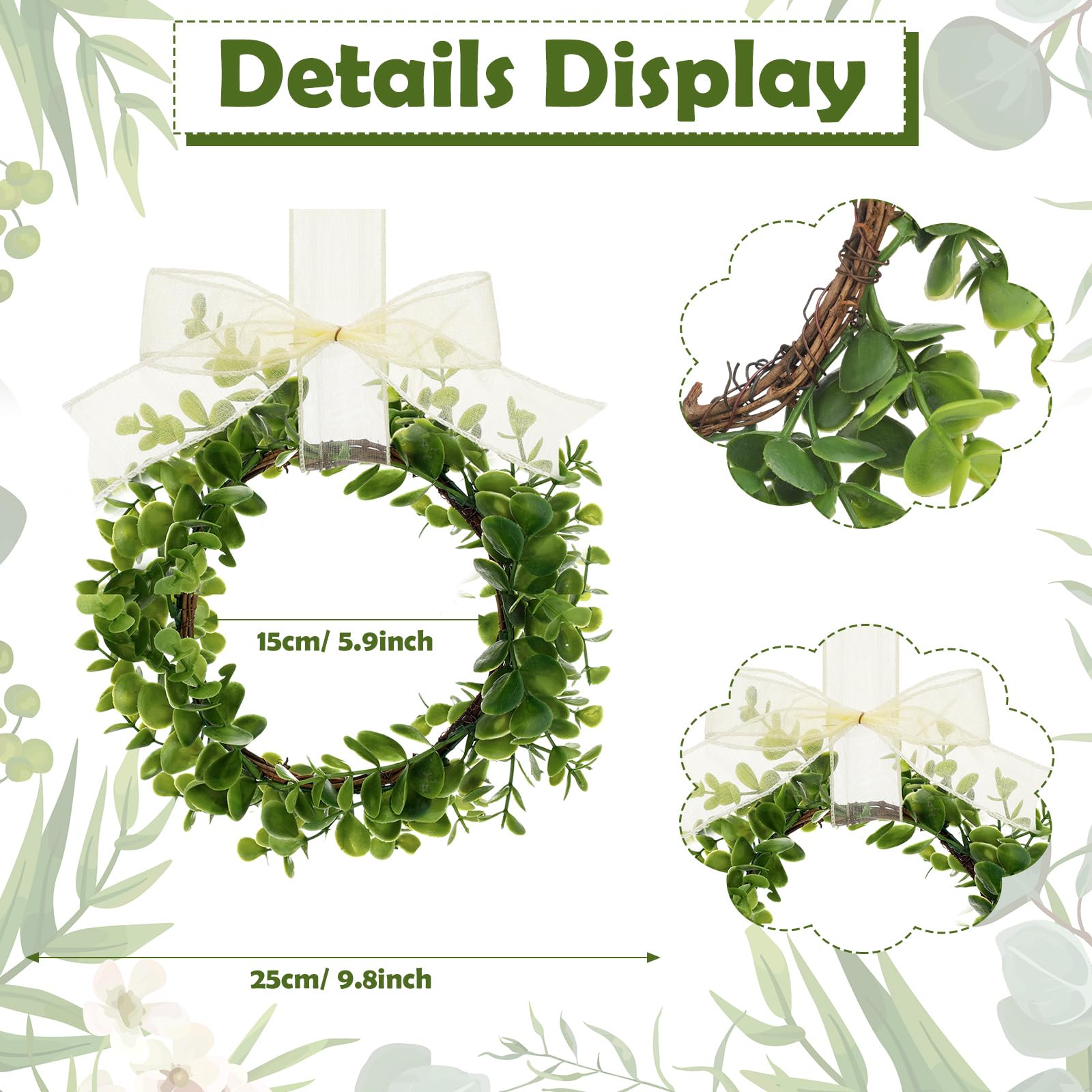 9 Pcs Christmas Kitchen Cabinet Wreaths 9.8" Small Boxwood Wreaths with Ribbon Farmhouse Artificial Cabinet Hanging Wreaths for Front Door Indoor Outdoor Wall Window Decor(Beige, Organza)