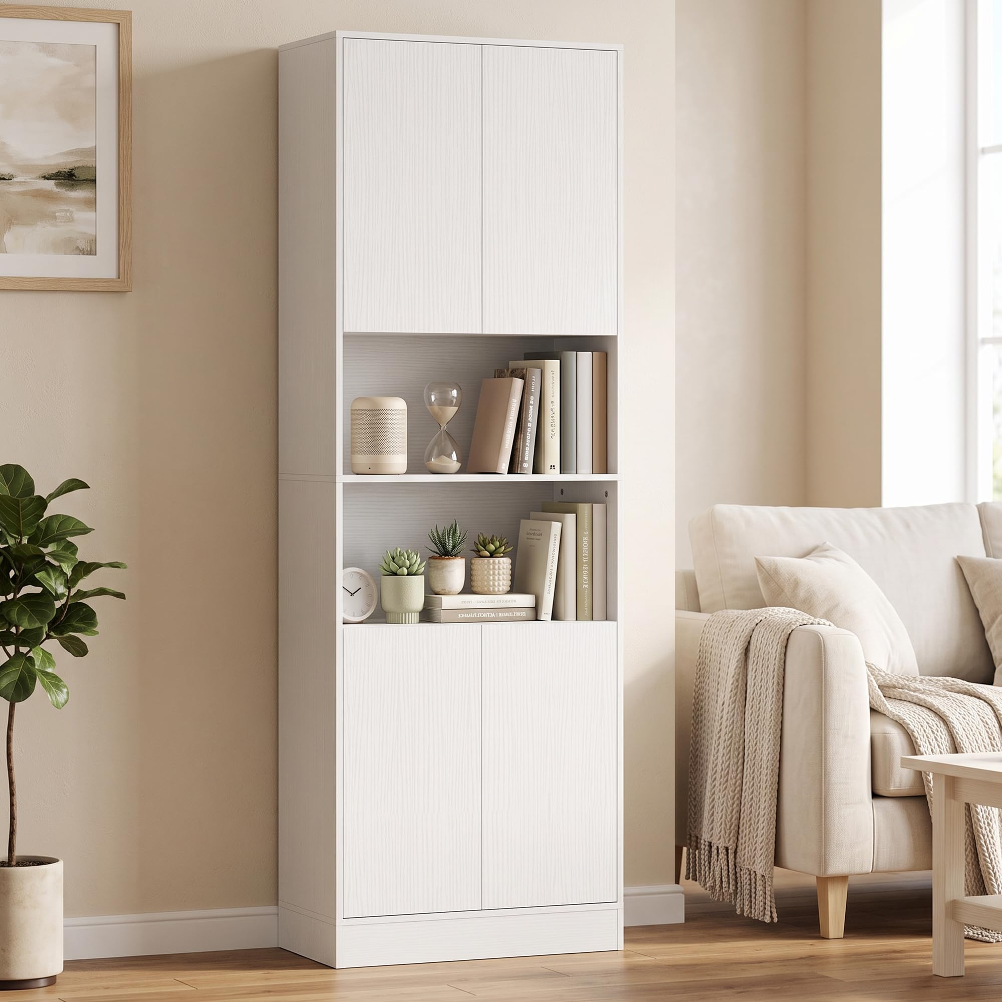 HOMCOM Alacena de Cocina Alta 4 Puertas, Cierre Suave 60x30x170 cm Blanco | Mueble Auxiliar de Cocina, Estantes Ajustables, 2 Compartimentos Abiertos, para Comedor, Salón