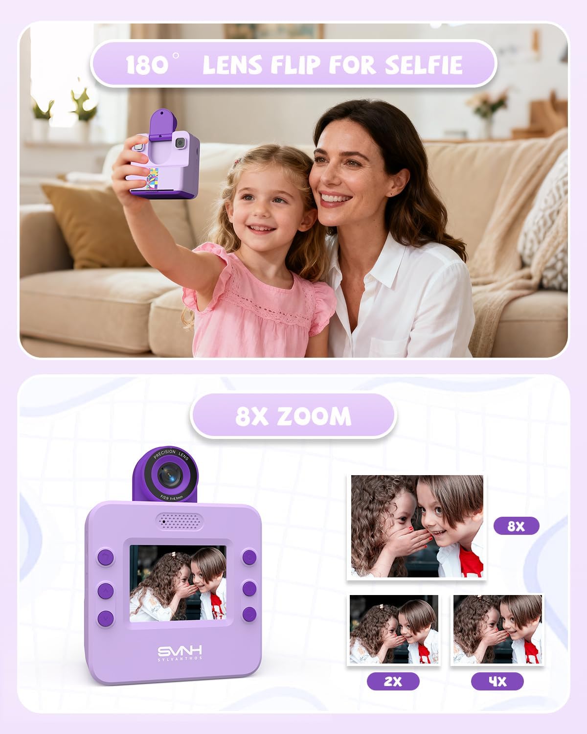 Kids Camera Instant Print, Digital Camera for Kids, 180° Rotating Selfie Lens with 32GB SD Card & 2 Rolls Printing Paper Kids Toy Birthday Gifts for Boys Girls Ages 3-12, Purple