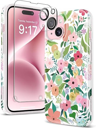 GVIEWIN Funda floral para iPhone 15, con protector de pantalla y protector de lente de cámara, protección contra caídas de grado militar de 10 pies