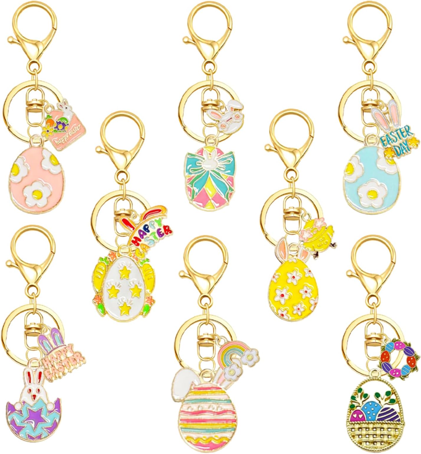 Easter Egg Keychain with Rainbow Bunny Rabbit Carrot Enamel Charms Cute Purse Bag Accessories, 5-8 Pairs