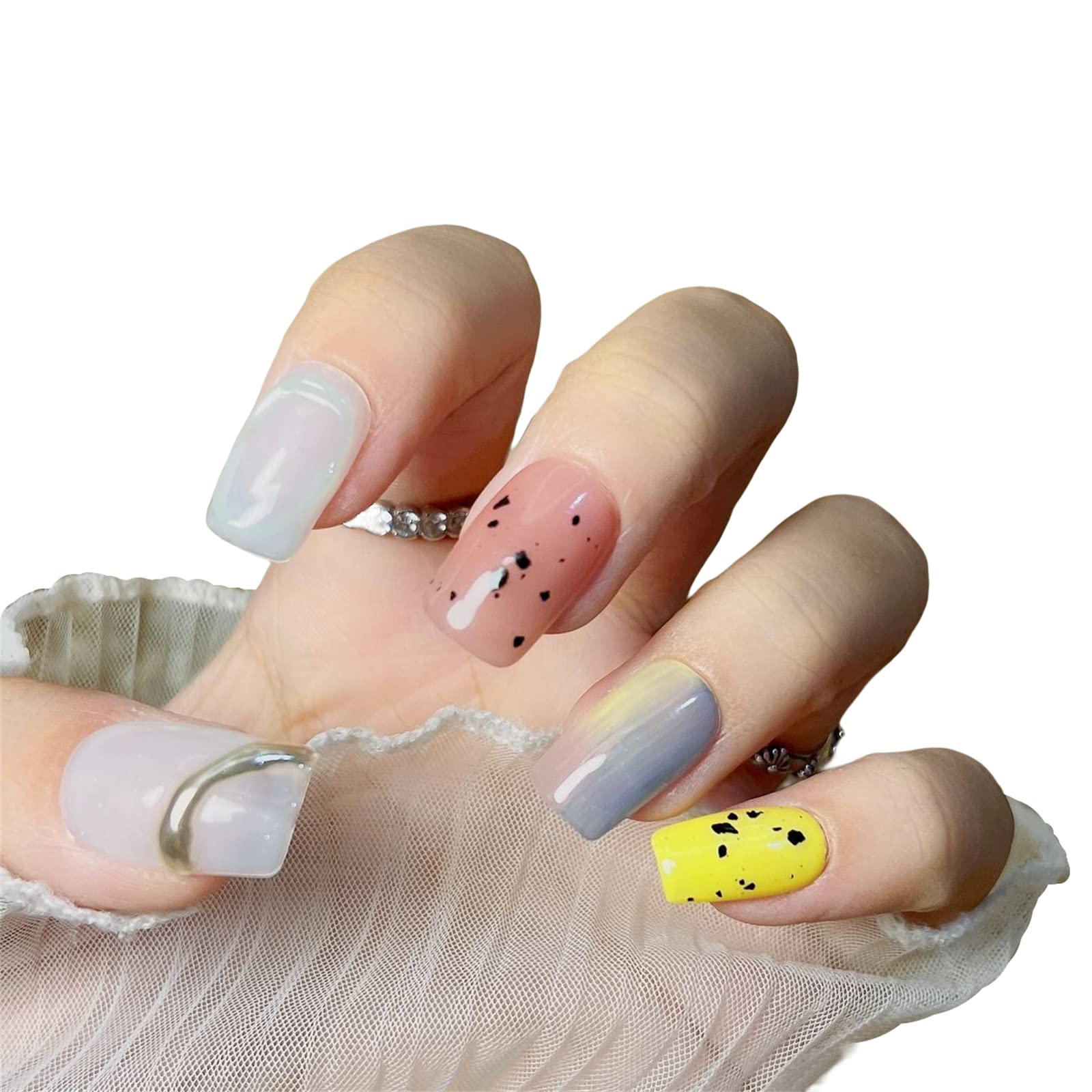 AKAZI Unghie a Pressione, 10 Pezzi di Manicure indossabili, Unghie finte Fatte a Mano, Set di Unghie finte Artificiali riutilizzabili per Donne e Ragazze (L, F) (GM)