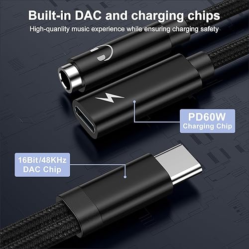 Miniatura 4 de Adaptador de auriculares Samsung Galaxy S23, USB C 2 en 1 a conector de audio auxiliar de 0.138 in con cable de carga rápida de 60 W para Galaxy S24