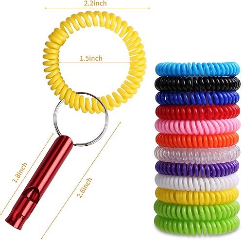 Miniatura 3 de Leery 12 silbatos deportivos de metal y 12 pulseras de llavero de muñeca de bobina elástica para entrenadores, árbitros, salvavidas, supervivencia,