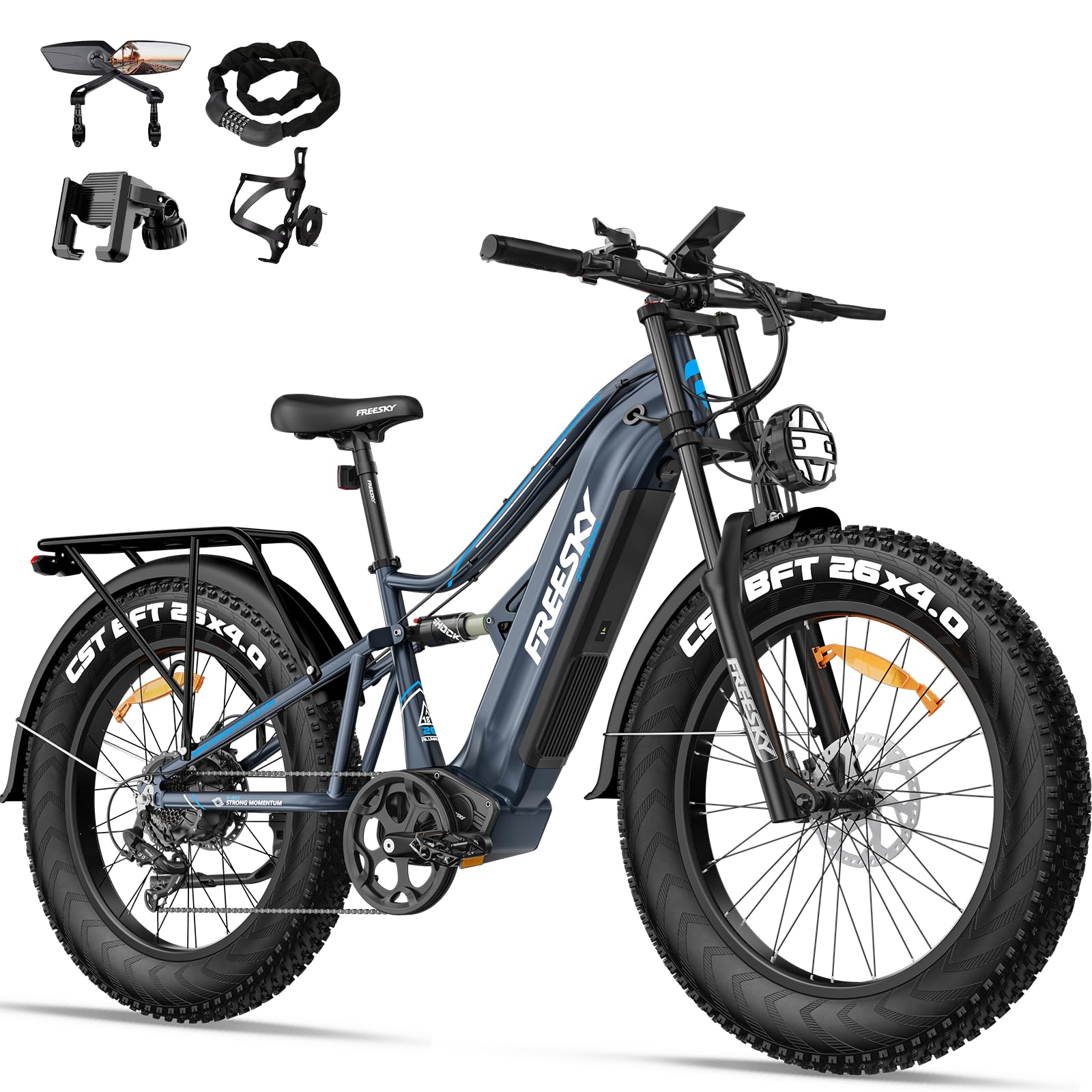 FREESKY 2500W BAFANG Motor Electric Bike for Adults, 48V 30Ah Samsung Cells Battery Ebike 120 Miles, 38+MPH, 26" Fat Tire Dirt All-Terrain Mountain E Bike, Full Suspension, UL 2849 Certified by TÜV
