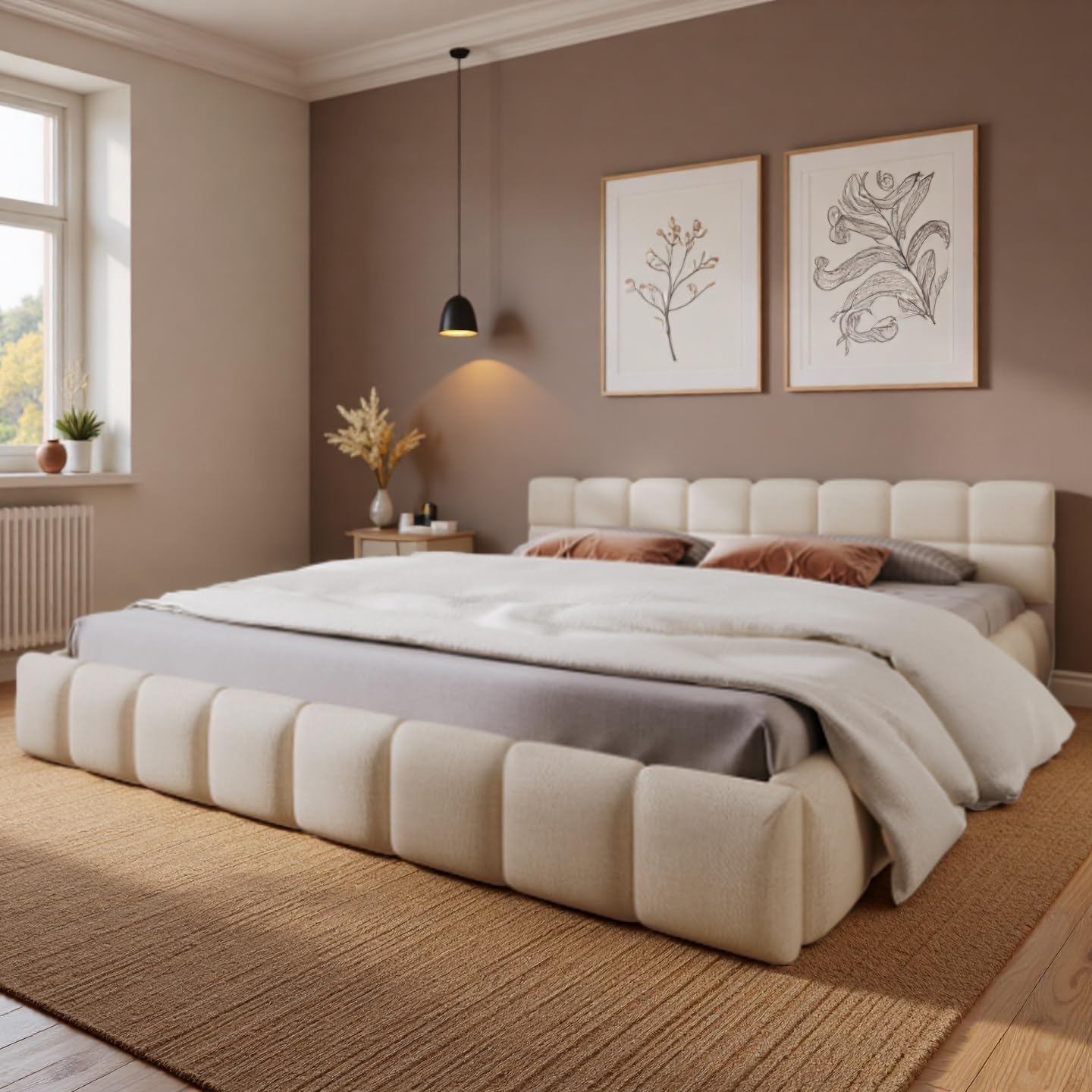 SOFTSEA King Size Upholstered Bed Frame with Checkerboard Design, Elegant Chenille Floor Upholstered Bed with Slats Support, Beige