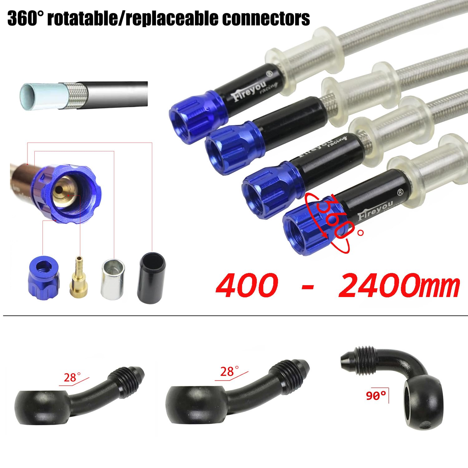 Tuyaux de frein hydrauliques pour moto - En acier inoxydable tressé - Raccords de tuyau tressé pour VTT, Pit Bike Dirt Bike