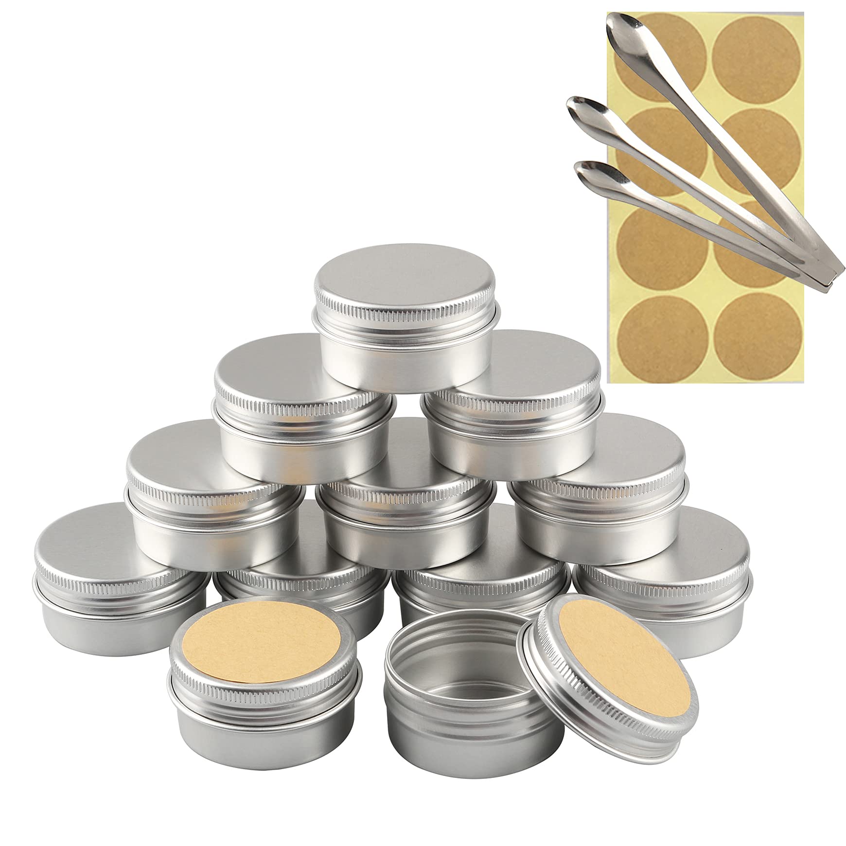 TIANZD 24 Pieces Empty 30ml Round Silver Aluminum Tins Jars with Screw Lids Cosmetics Containers Pots for Lip Balm DIY Candle Salve Powder Crafts Storage Cans with 3 Spoon, 24 Labels