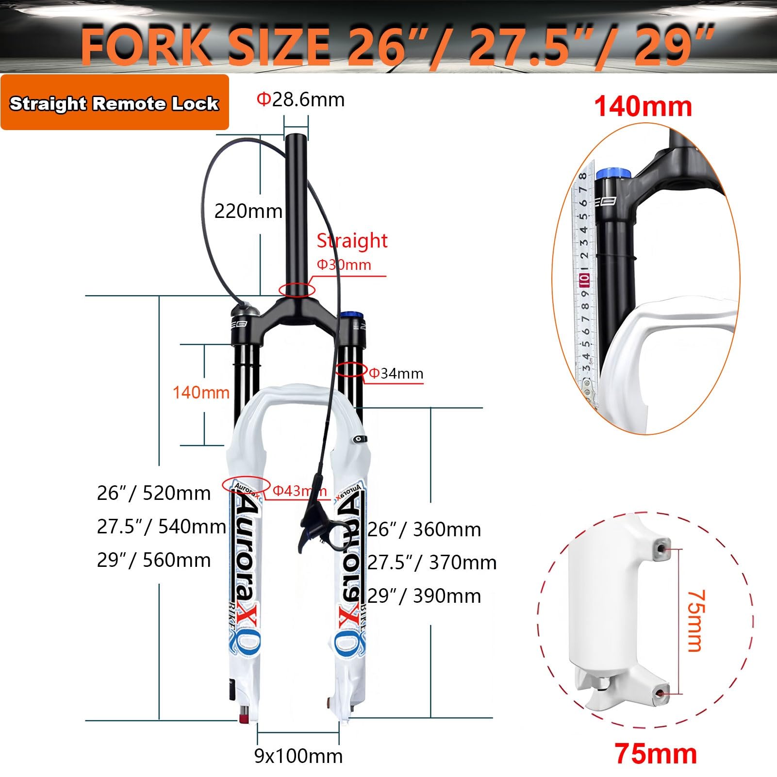 AuroraXQ 26 27,5 29 przedni widelec pneumatyczny do rowerów górskich, kolor biały, skok 140 mm, prosty/stożkowy 1-1/8", hamulec tarczowy z zawieszeniem, szybkie zamykanie