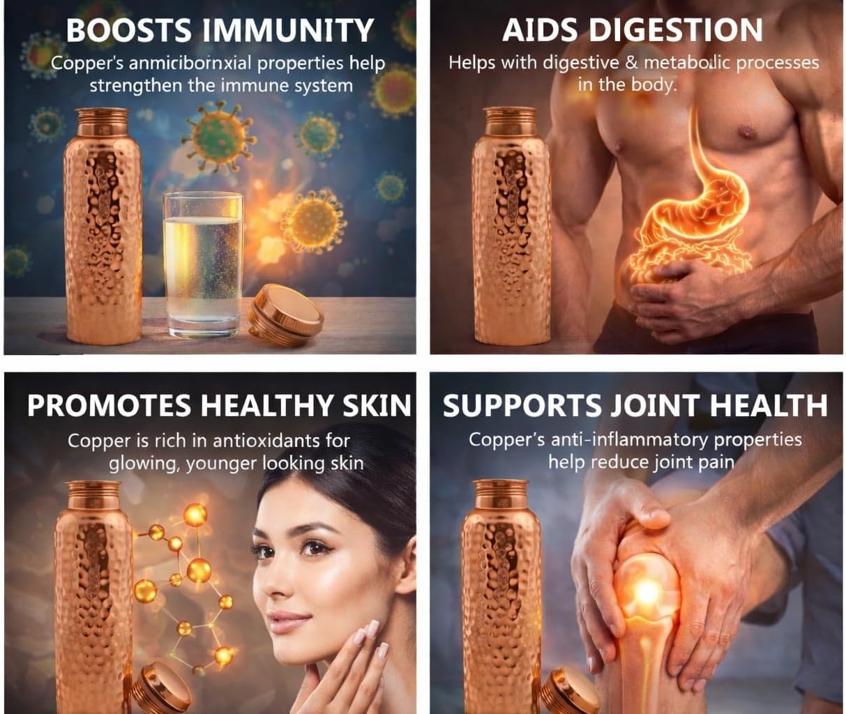 Bold & Divine Premium-Wasserflasche aus reinem Kupfer, gehämmert, Ayurvedische gesundheitliche Vorteile, handgefertigtes Kupfer-Wassergefäß, auslaufsicheres Design, rostfrei, inklusive Tragetasche aus