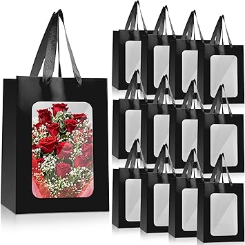 50 Pcs Paper Gift Bags with Transparent Window Kraft Shopping Bags with Handles 9.8 x 7.1 x 5.1 in Clear Gift Bags Small Transparent Window Bag for Valentine's Day Present Festival Party(Black)