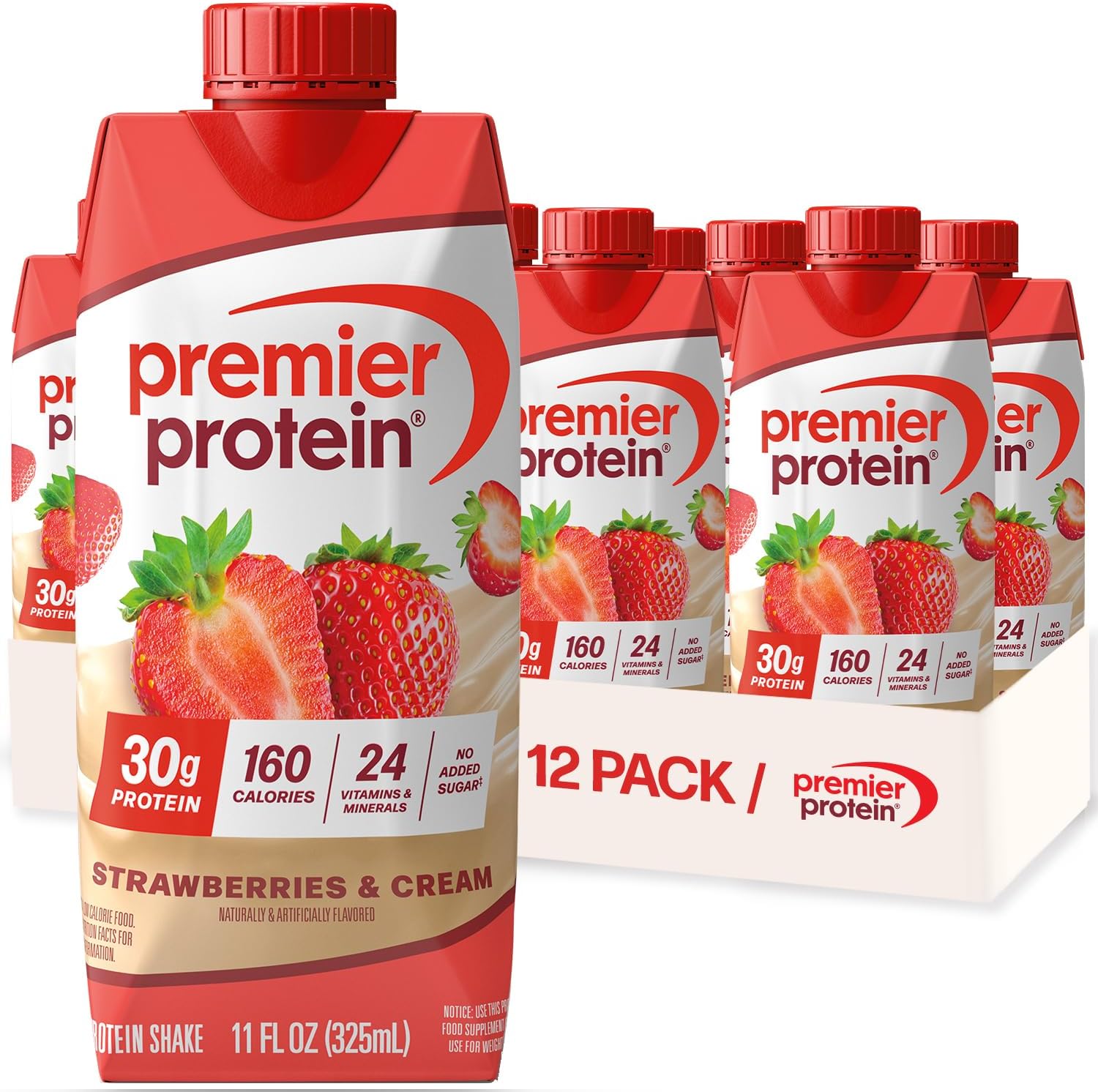 Shake, Strawberries & Cream, 30g Protein, No Added Sugar, 24 Vitamins & Minerals to Support Immune Health, 11 fl oz, 12 Pack