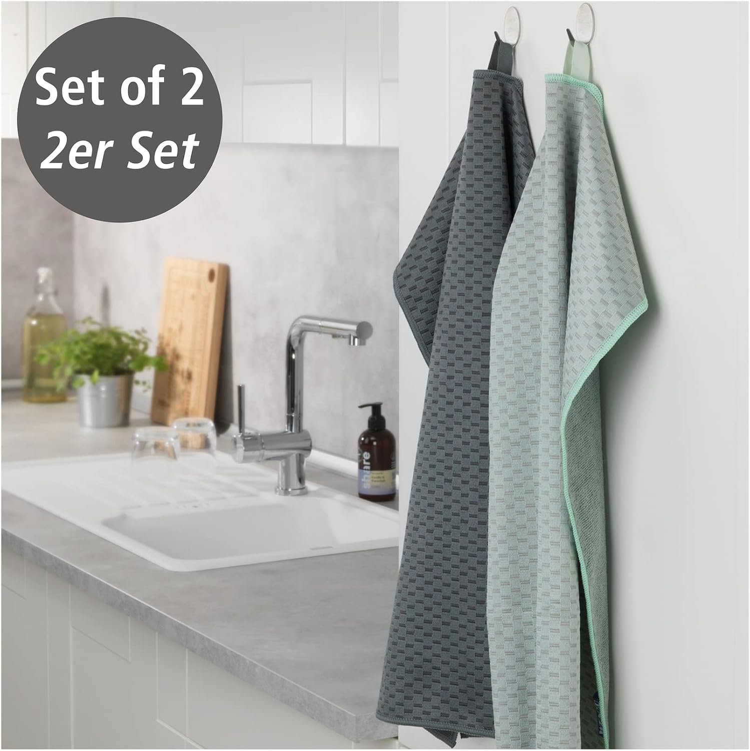 WENKO Miko dish towels, set of 2 microfibre dish towels for streak-free drying and polishing, absorbent and quick-drying - Image 3