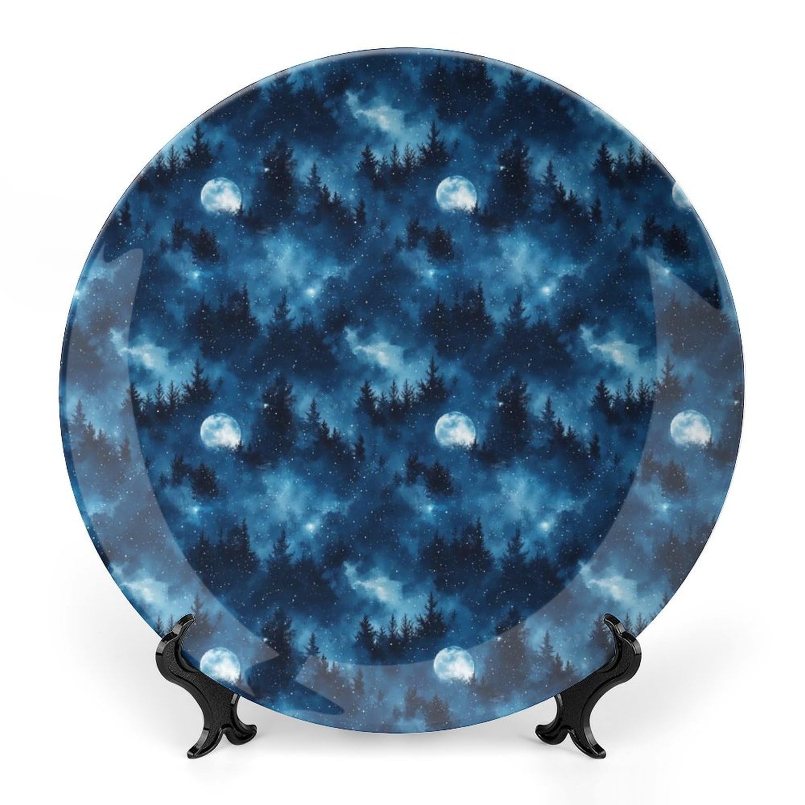 DULAHR Forest Galaxy Moon Blue Bone China Decorative Plate Ceramic Decorative Plate Home Wall Decor with Vertical Stand Decorative Plates