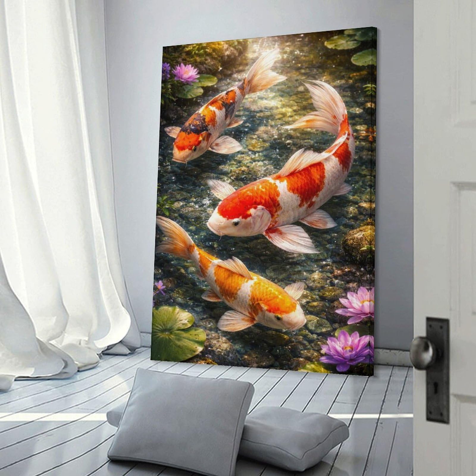 Junmoney Frame-Style-20 Koi Fish In A Pond Canvas Wall Picture, 20X30inch(50X75cm), For Study, Office Or Focused Interiors, Home Office Artwork With Decorative Appeal