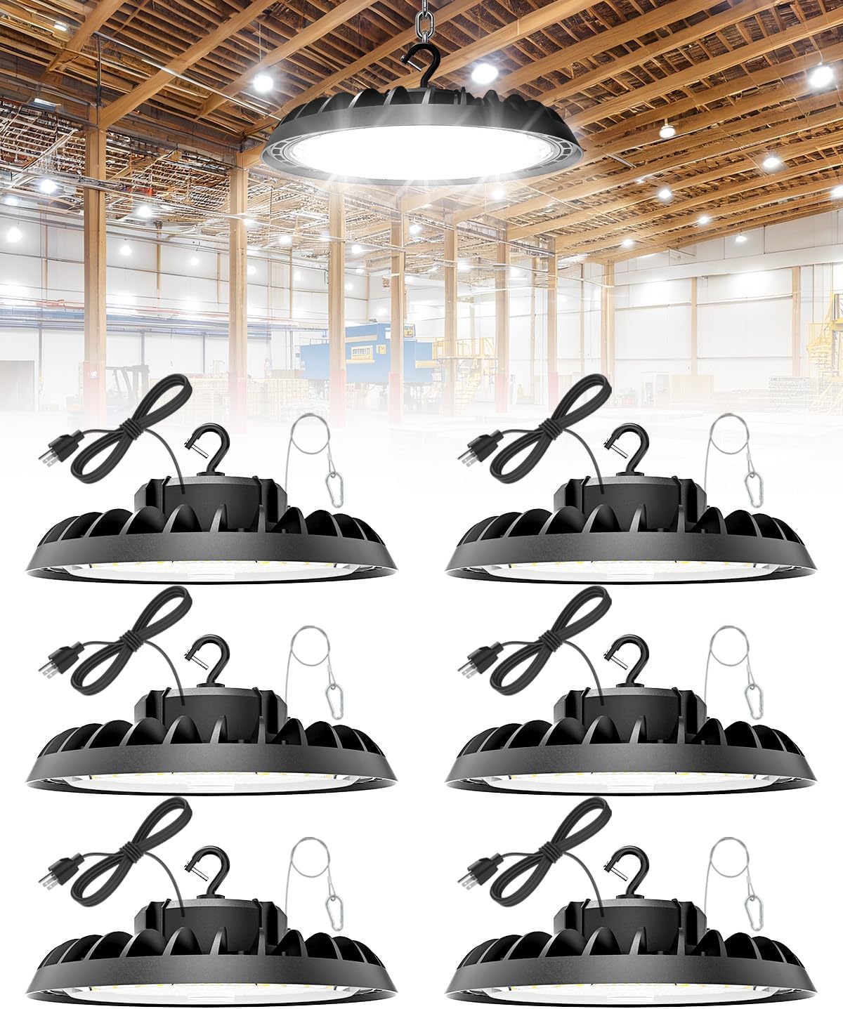 VOLISUN 6 Pack UFO Led High Bay Light 37,500LM, 250W, 5000K Daylight, 100-277V High Bay Led Shop Lights, ETL Listed Commercial Bay Lighting for Garage Workshop Barn Factory Warehouse