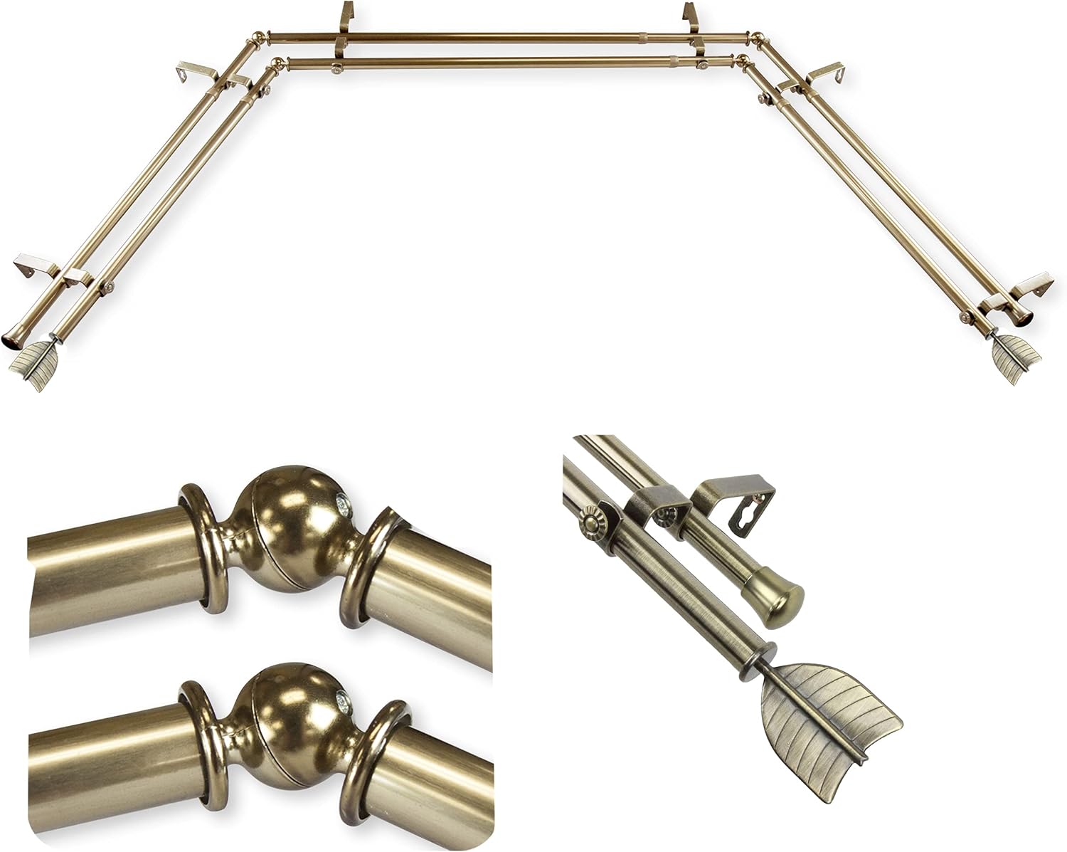 A&F Rod Décor - Tail 13/16" Bay Window Double Curtain Rod 20"-36", 38"-72" - Satin Nickel