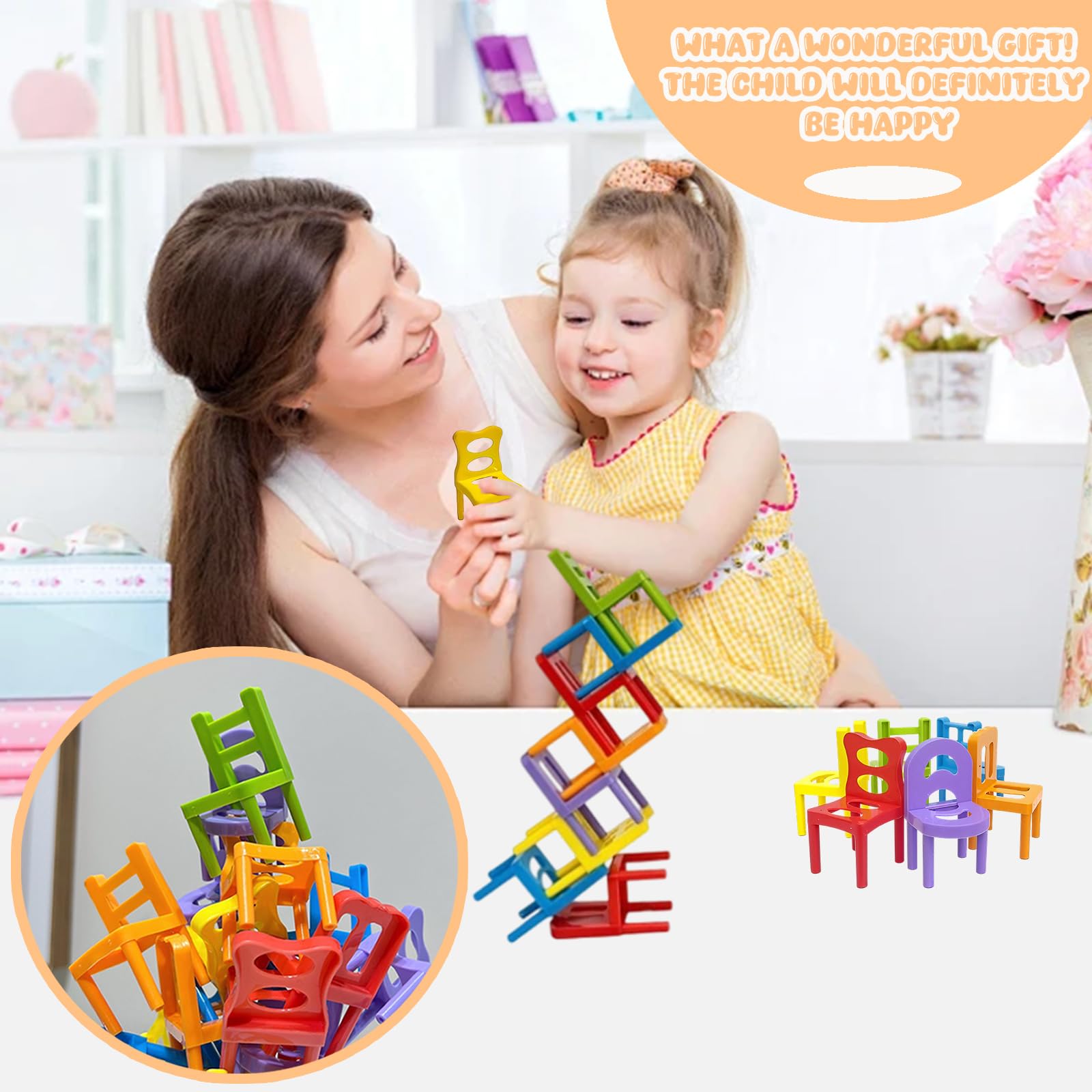Mini Silla Apilable Juego de Equilibrio 42 Piezas – Divertido Desafío de Fiesta y Juguete Educativo Familiar para Niñas, Niños y Adultos