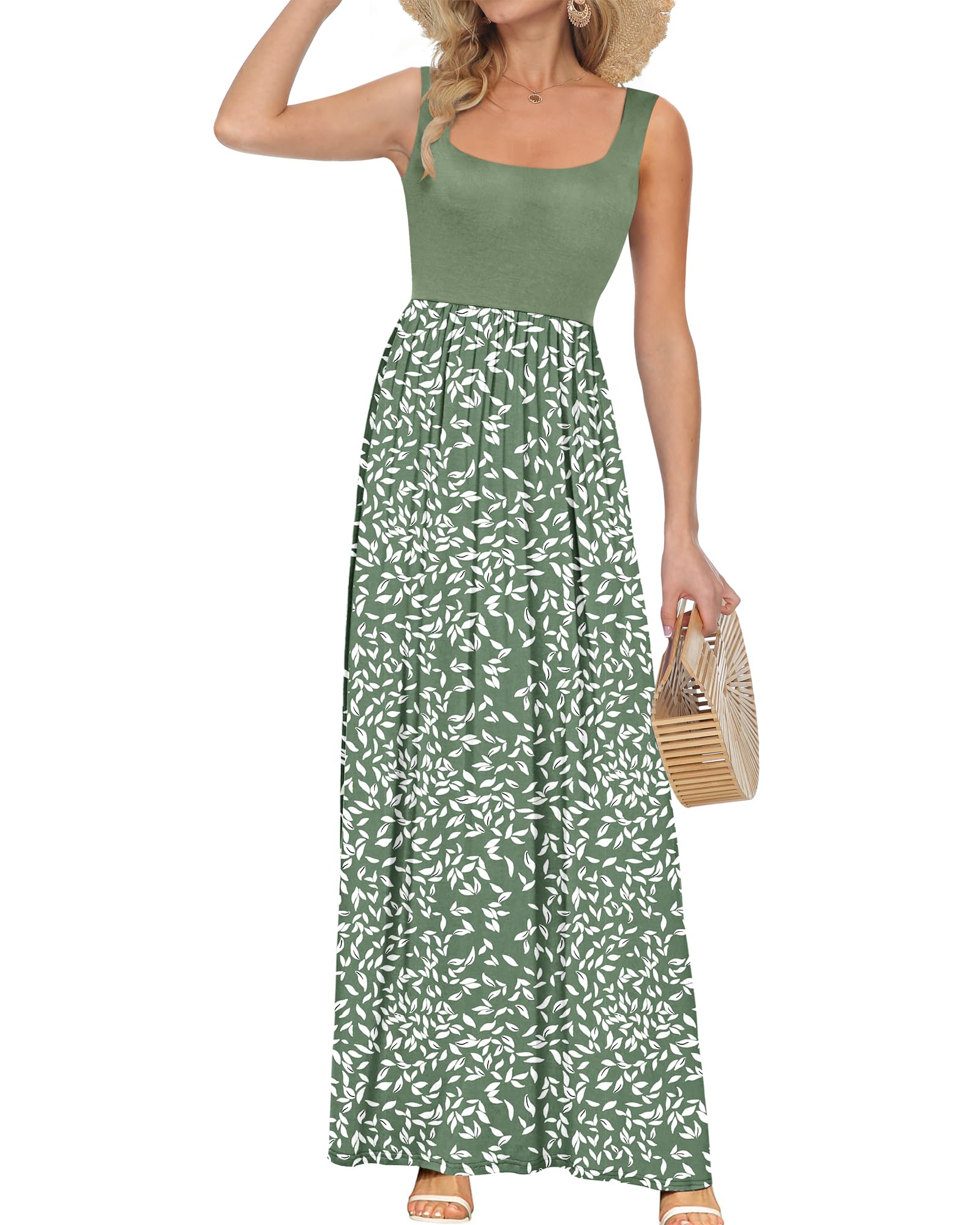 Women's Square Neck Maxi Dress Sleeveless Floral Loose Long Dresses with Pockets