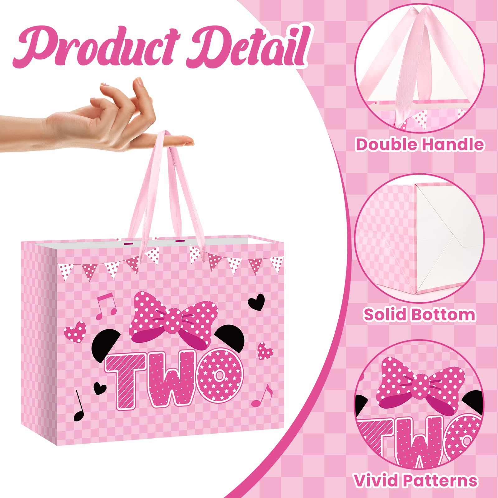 Cartoon Mouse 2nd Birthday Gift Bag Pink Mouse 2nd Birthday Bag with Tissue Paper and Card Pink Plaid Bow Two Years Old Gift Wrapping Paper Bags for Baby Girls Shower Princess 2 Year Old Party Decor