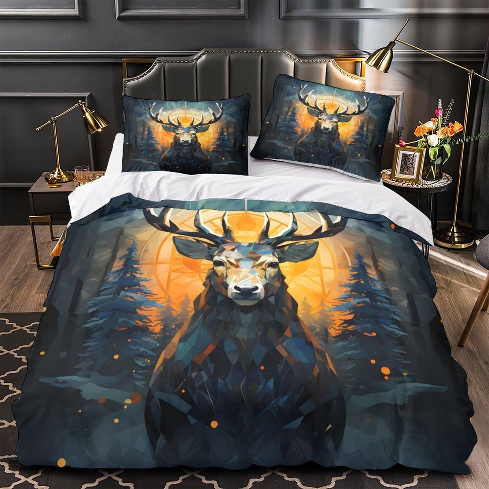 Housse de couette tête de cerf 140x200 cm en microfibre géométrique 3D pour lit simple