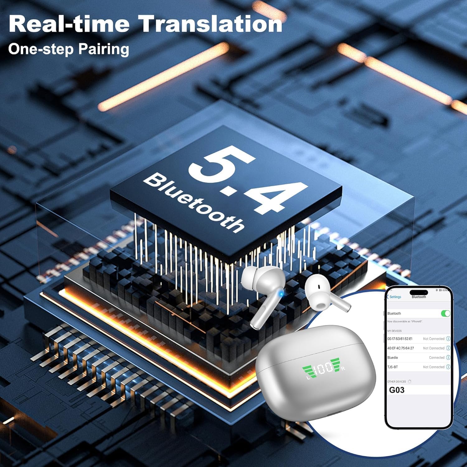 R'hllor AI Translation Earbuds Real Time,Wireless Bluetooth,144 Languages,Real-Time Bidirectional Voice Translation Compatible,with iOS/Android,80-Hour Battery Life,Perfect for Travel & Business - Image 7