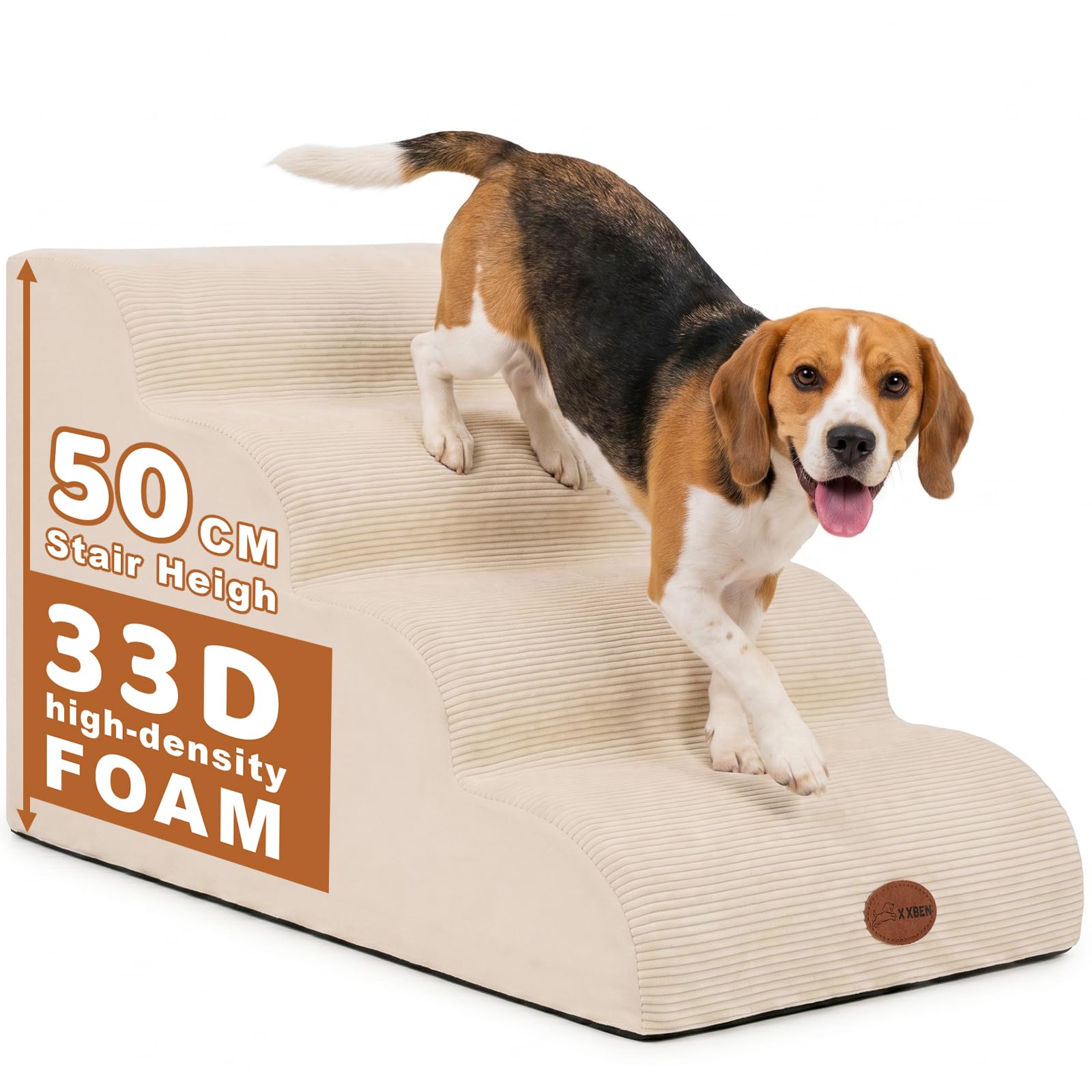 X XBEN 4-Step Dog Stairs for Bed & Sofa, 33D High-Density Foam Pet Stairs for Small, Senior and Injured Dogs & Cats, Durable Pet Steps with Gentle Slope, Anti-Slip, Removable Washable Cover, Handle