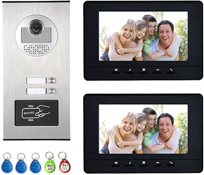 2 Units Apartment Intercom System, Video doorbell Video Door Phone Kit, HD Camera 7" Monitor with ID keyfobs Unlock for 2 Household