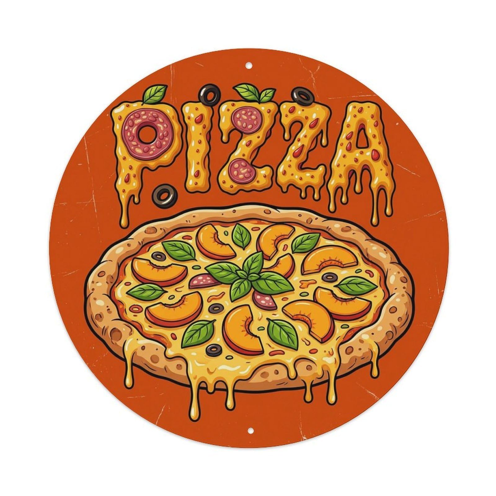 Vintage Pizza Slice Nectarine Basil Vintage Metal Tin Sign Plaque Wall Decor for Cafe, Club Bar, Office, Garden Metal Poster 8x8Inch
