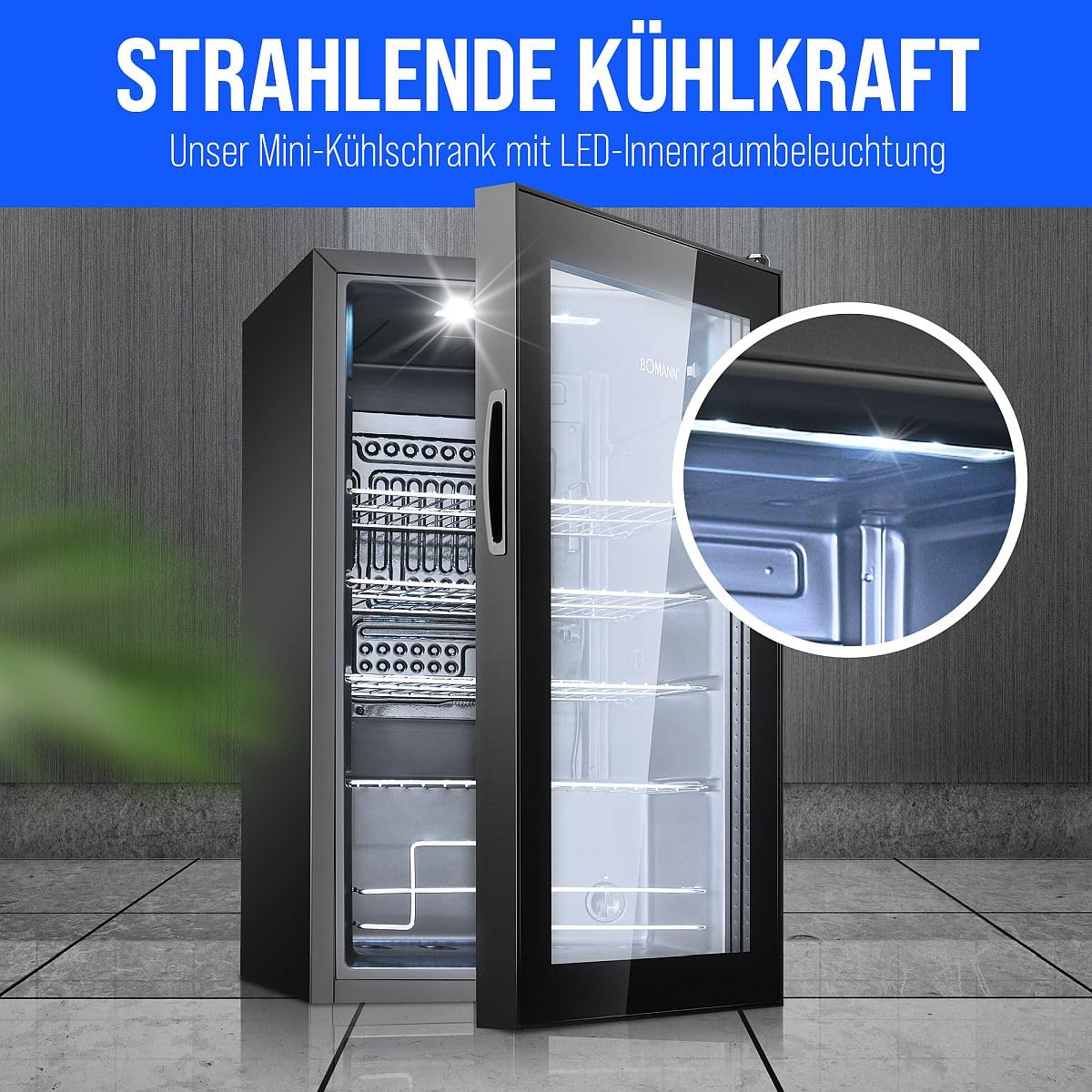Bomann KSG 7287 Getränkekühlschrank 63 Liter stufenlos regelbar 3-10°C Glastür LED-Beleuchtung leise energieeffizient