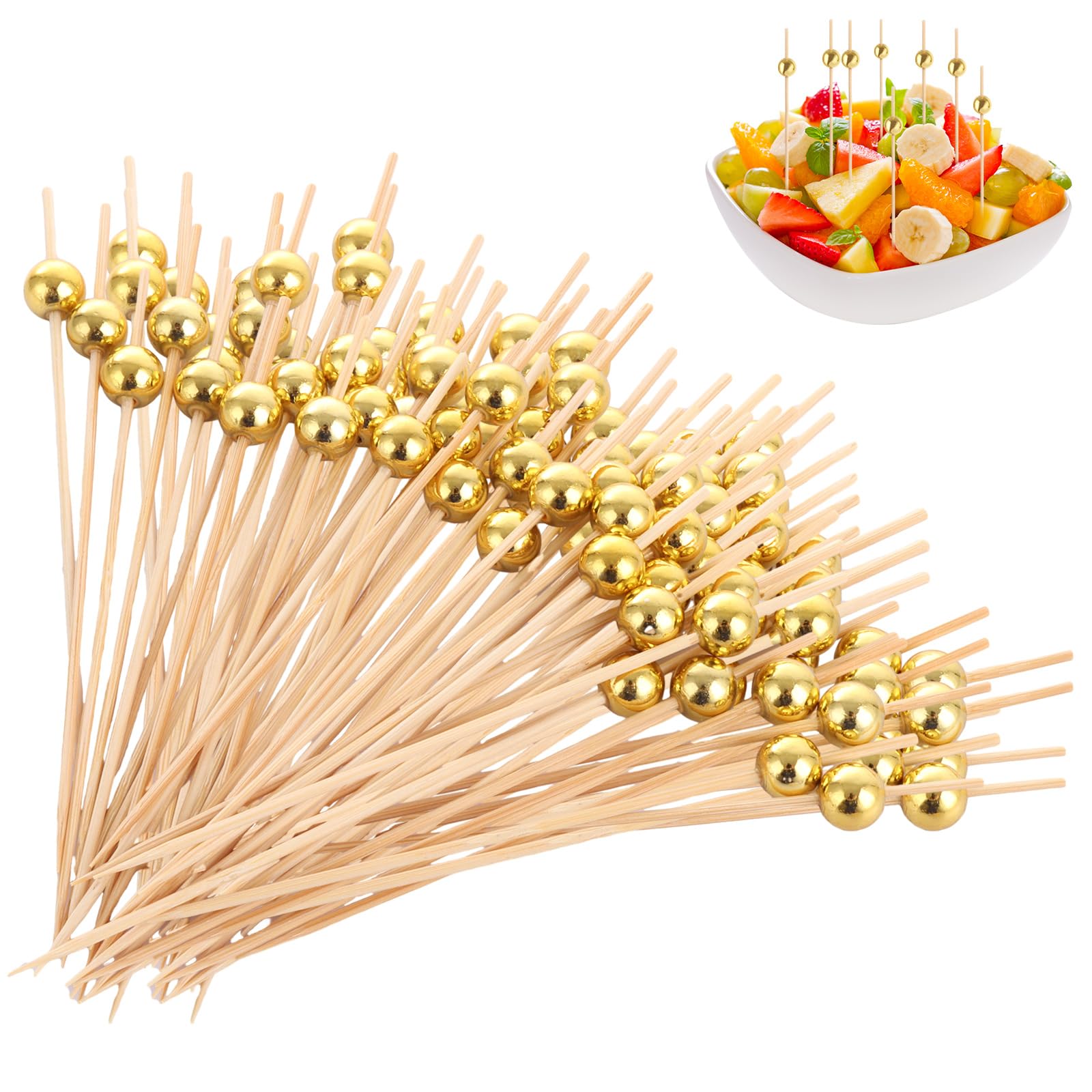 ASelected 300 PCS Cocktail Sticks, 12 cm/4.7 inch Cocktail Picks with Gold Pearl, Fancy Wooden Toothpicks Bamboo Skewers Natural Cocktail Accessories for Drinks, Appetizers, Charcuterie, Sandwich