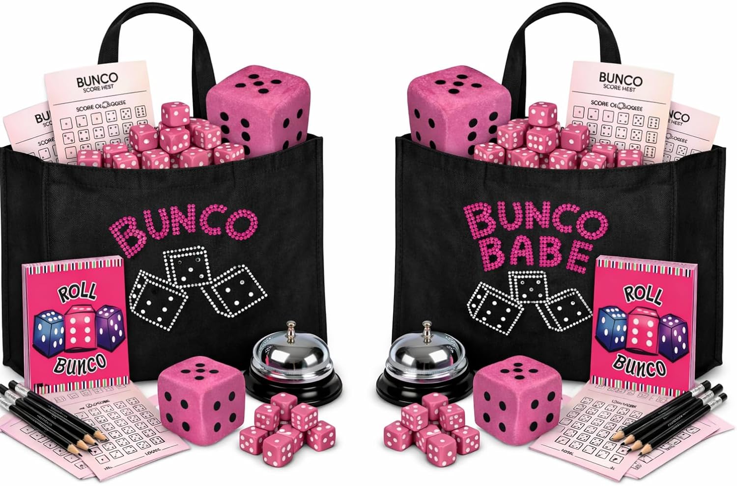 Bunco + Bunco Babe Double Game Kit – Two Complete Bunco Sets for Larger Groups (Up to 24 Players), Co-Hosts & Multi-Table Bunco Nights | Includes Tote Bags, Dice, Bells, Score Sheets & Pencils