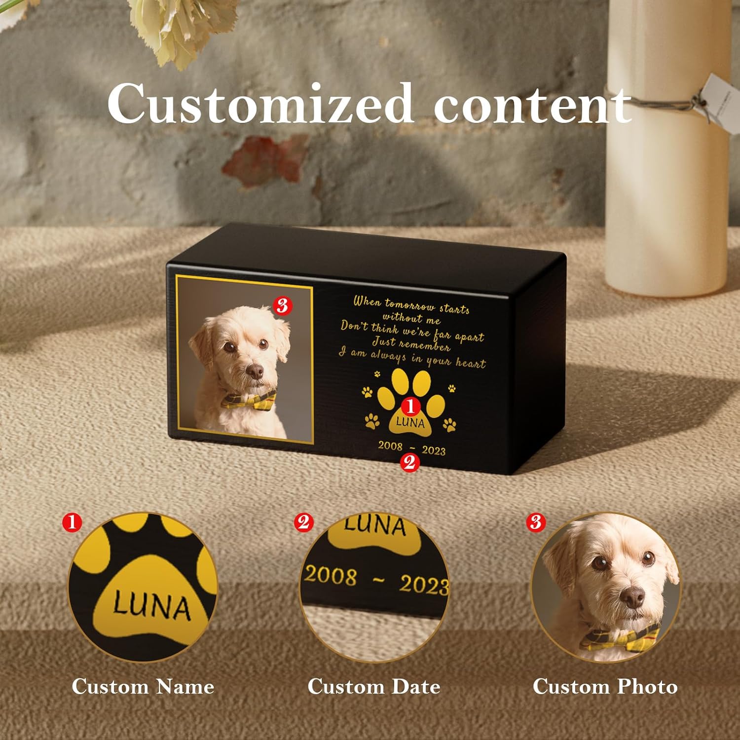 Bemaystar Personalized Pet Urns for Dogs Ashes - Custom Wooden Keepsake Urn Box with Photo for Pet Memorial Keepsake, Box Pet Cremation Urn, Sympathy Gift for a Pet Weight of Up to 10 lbs - Image 4