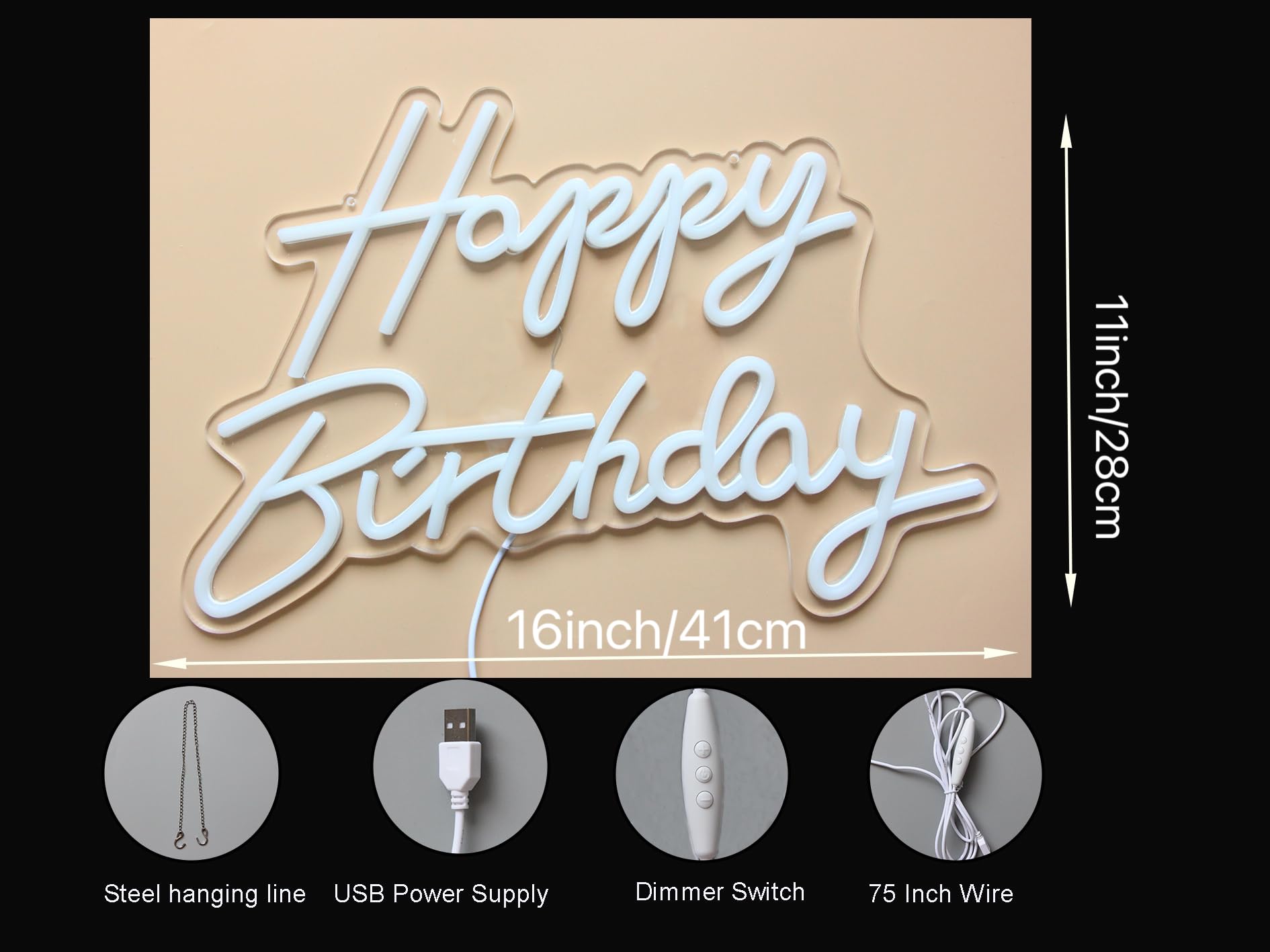 Lampe LED néon - Enseigne lumineuse pour anniversaire - Décoration de fête d'anniversaire - Lumière de fond pour fête, chambre à coucher, mur - Blanc chaud - Alimentation USB - 5 V