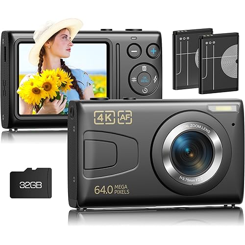 Digital Camera 4K Autofocus Vlogging Camera with 32GB Card, 64MP 18X Zoom Digital Video Camera, Portable YouTube Compact Point Shoot Camera for Teens Adult Beginner(Black)