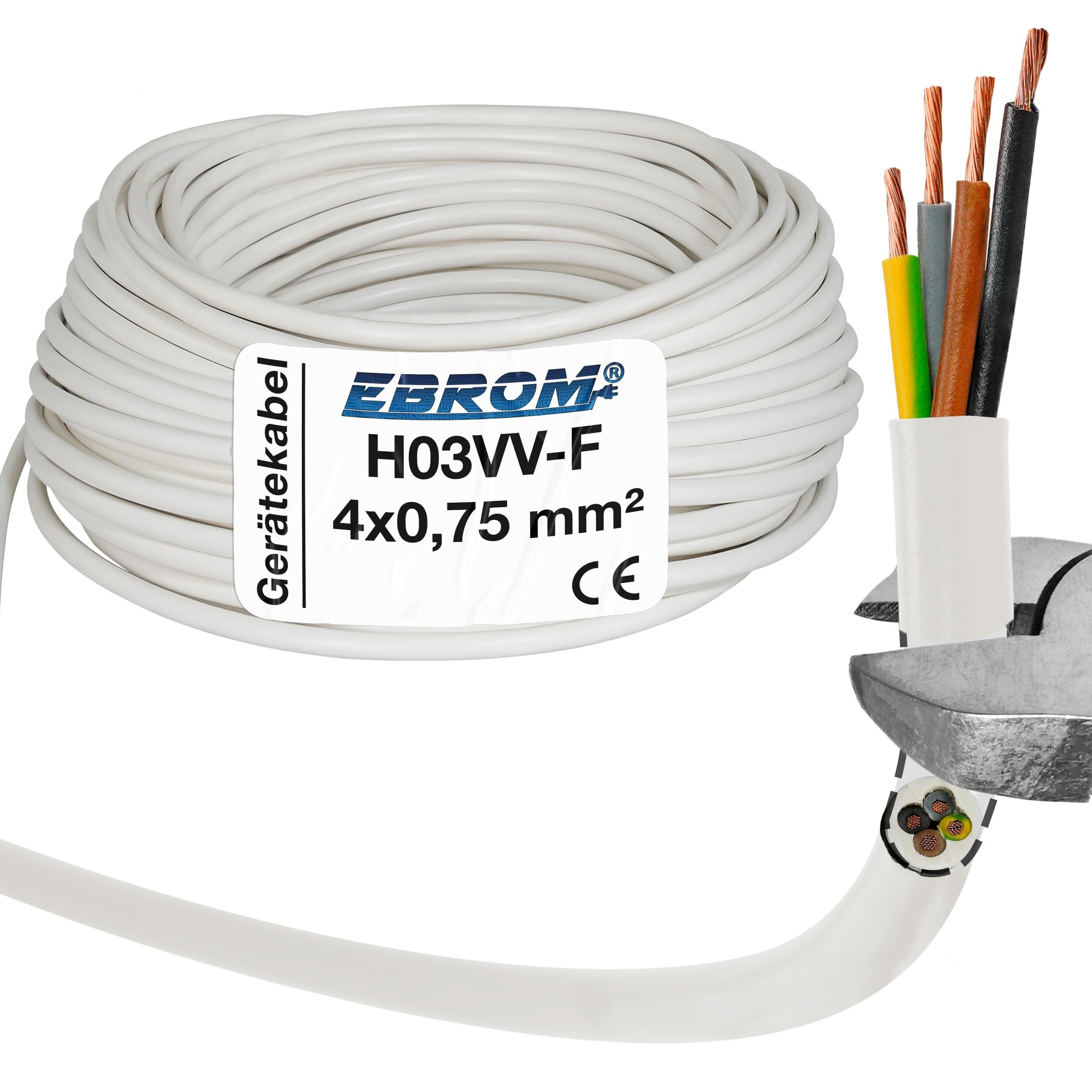H03VV-F okrągły kabel z tworzywa sztucznego, LED, 4 x 0,75 mm² (mm2) 4G0,75, kolor: biały, 10 m