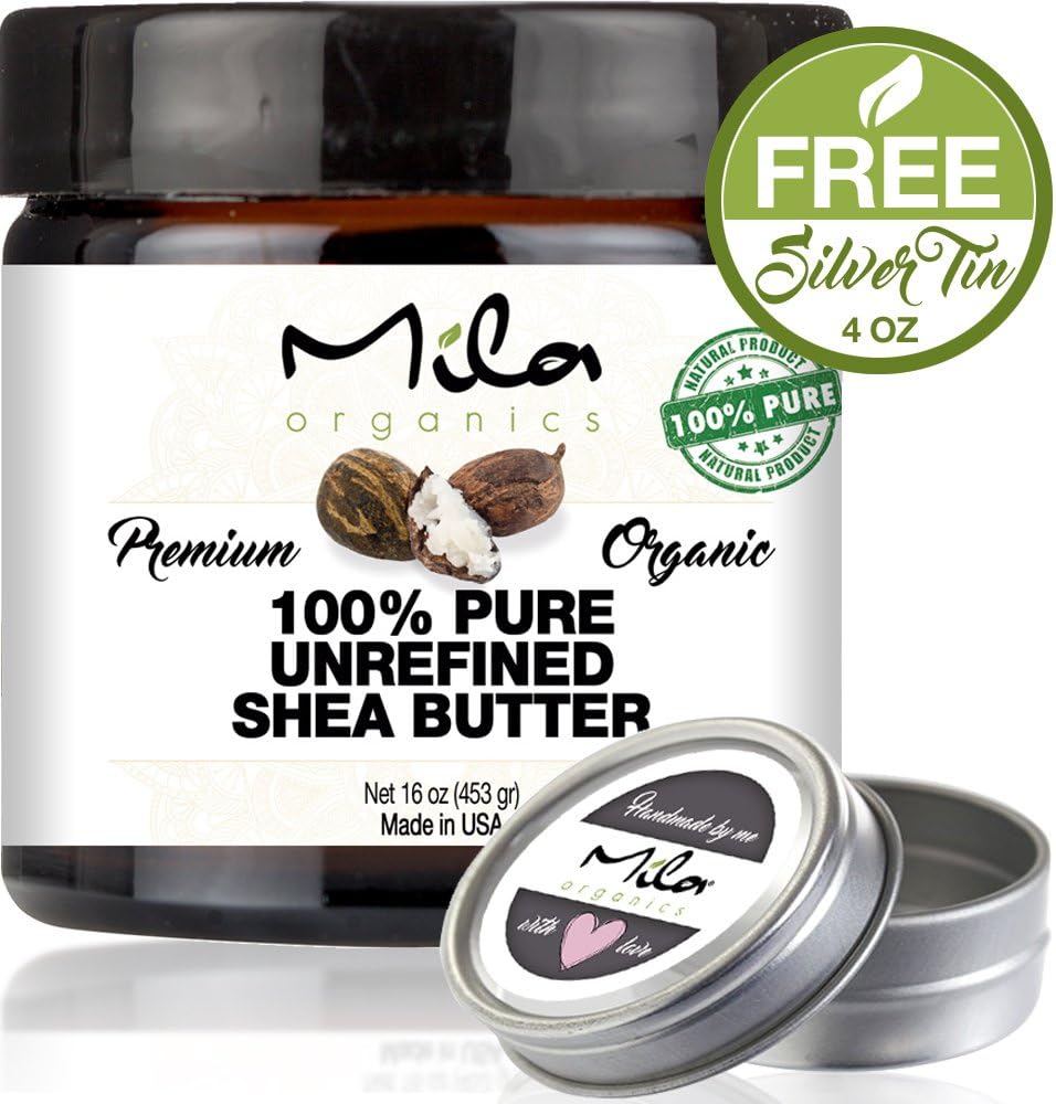 RAW SHEA BUTTER UNREFINED, Organic, 100% Pure, Grade A, African Shea Butter. DIY Body Shea Butter, Lotions, Soap, Eczema, Stretch Marks Lotion, Lip Balms โ by Mila Organics - 1 lb + 1 Tin