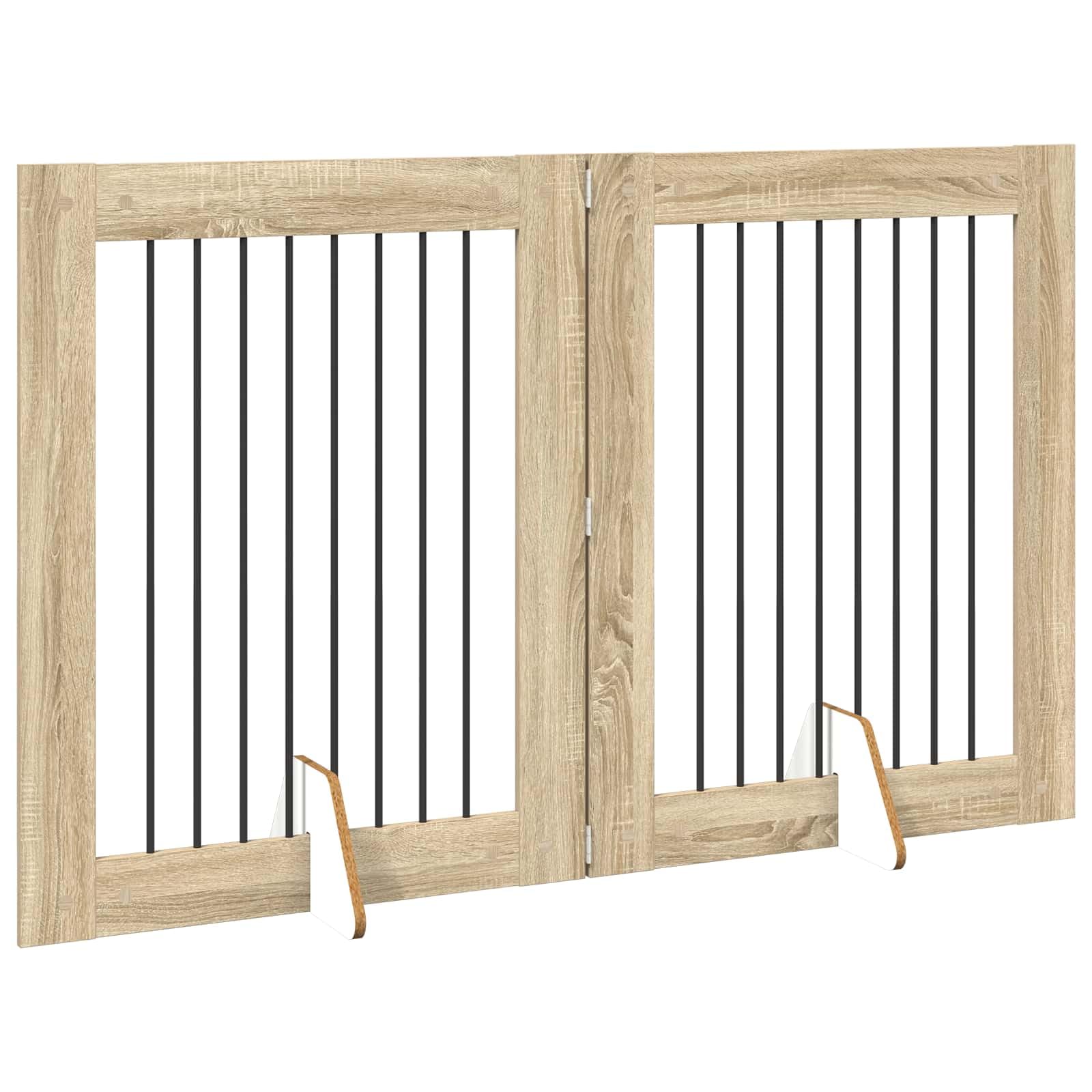 Puerta para perros con soporte, plegable, 2 unidades, roble Sonoma, 80 x 100 cm, metal interior y exterior, protección para perros y cachorros, seguro portátil para casa, apartamento