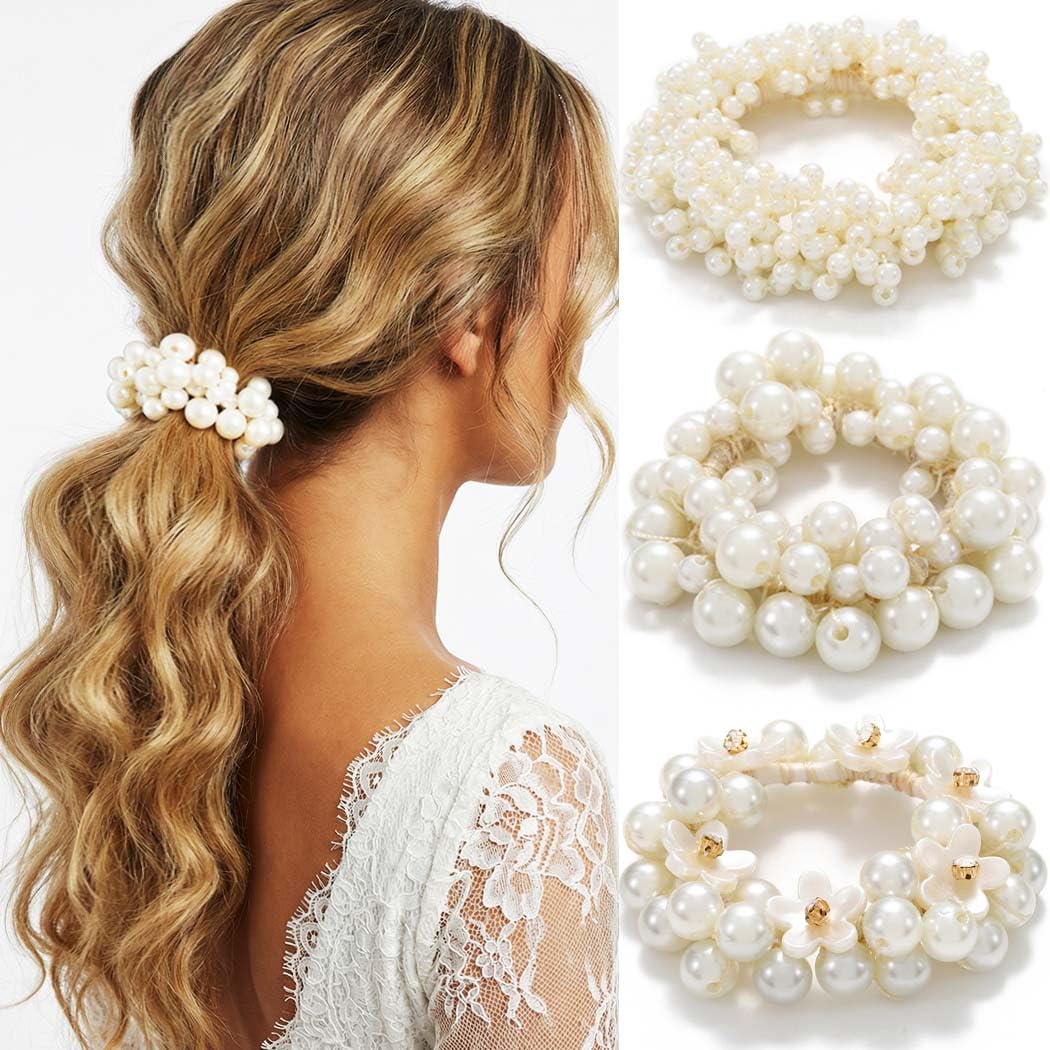 Fashey Pearl Hair Tie Flower Scrunchies Fancy Ponytail Holder Decorative Hair Accessories for Women
