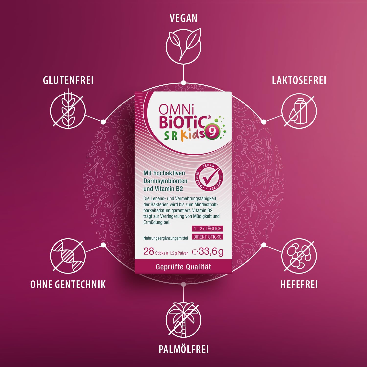 OMNi BiOTiC SR-9 Kids | Gute Nerven* in der Schule? Kinderleicht! | Innovativer Direkt-Stick mit fruchtigem Pfirsich-Geschmack | Vegan | Glutenfrei | Laktosefrei | 28 Sticks