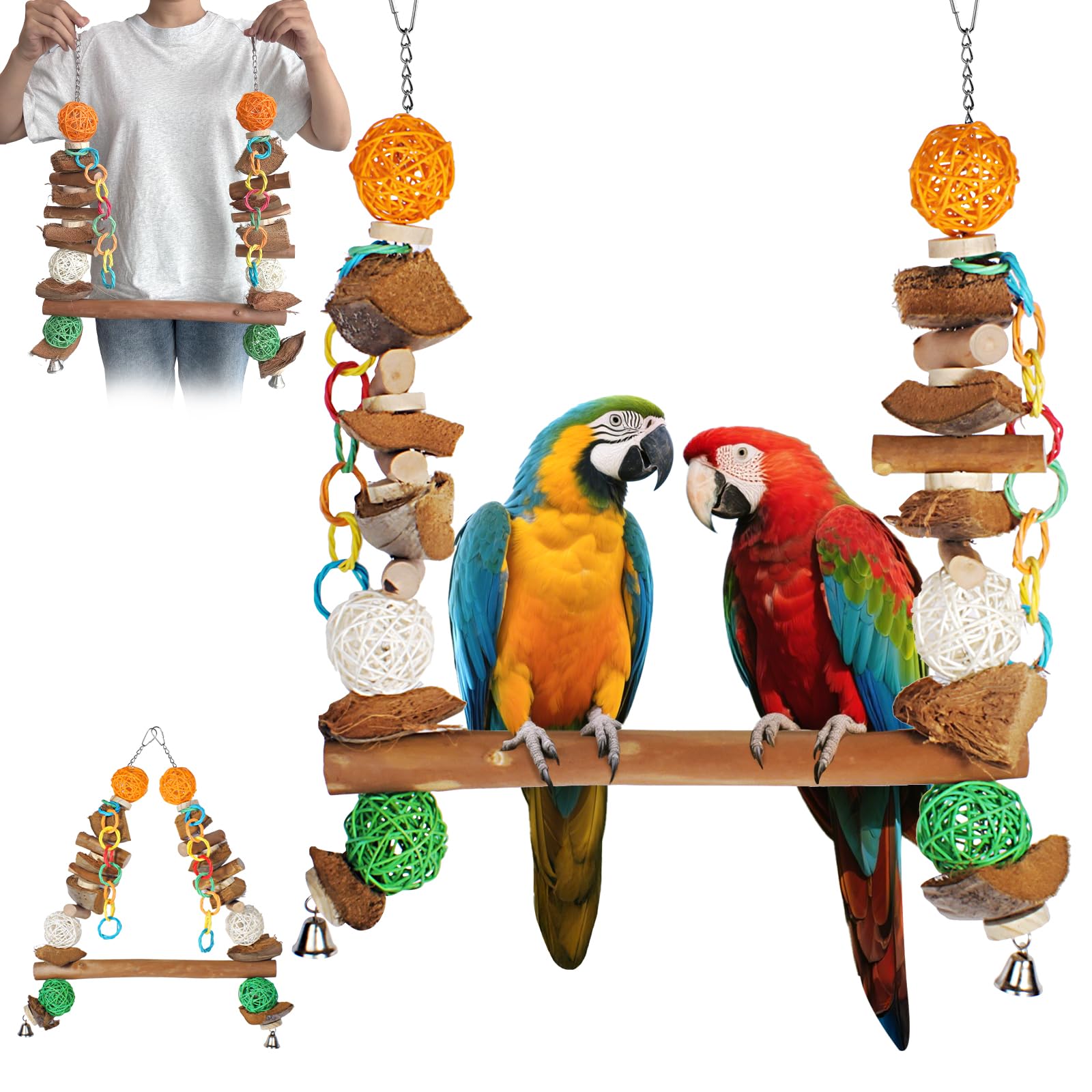 3-in-1 Parrot Toys Natural Coconut Fiber Parrot Hammock (Swing + Perch + Chew Toy) Natural Bird Perches for Medium Large Birds - 23" Bird Toys for Parrots Stand