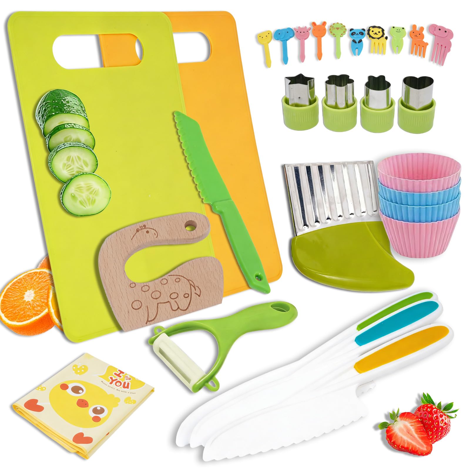 28 Pieces Montessori Kitchen Toys for Toddlers – Kids Knife Set for Chopping with Wooden Knives, Crinkle Cutter, Kids Chopping Board