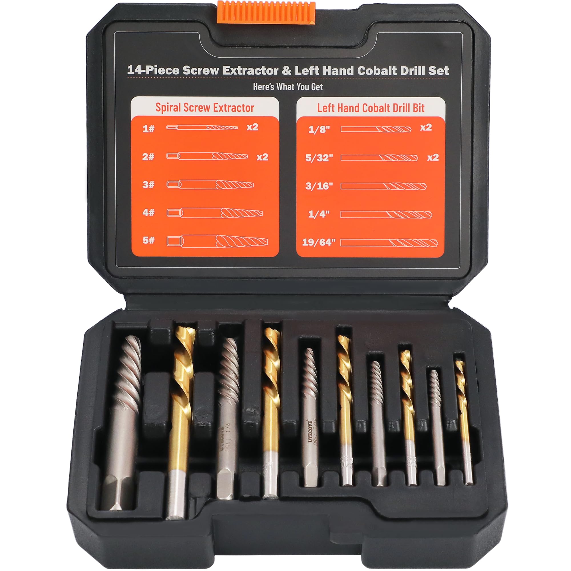 UYECOVE 10PCS Stripped Screw Extractor Set, 35# Cr-Mo & 6542 HSS Steel Cobalt Left Handed Drill Bit | Broken Screw Extractor Kit | Easy Out Screw
