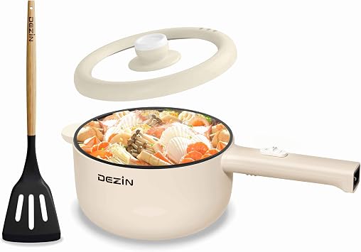 Dezin Hot Pot Electric, 2L Non-Stick Saute Pan, Rapid Noodles Cooker, Mini Portable Pot for Steak, Egg, Fried Rice, Ramen, Oatmeal, Soup with Power Adjustment & Spatula, College Dorm Room Essential