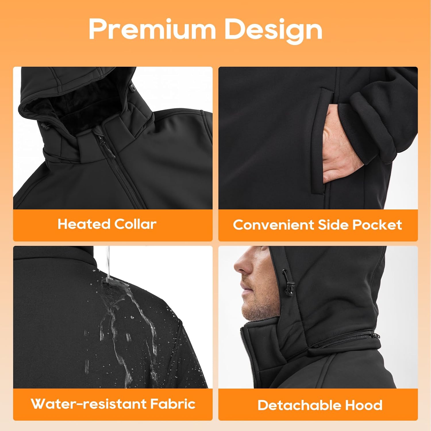Waitcoss Heated Jacket for Men with 16000mAh Battery Pack, Windproof Soft Shell Electric Heating Coat with Detachable Hood