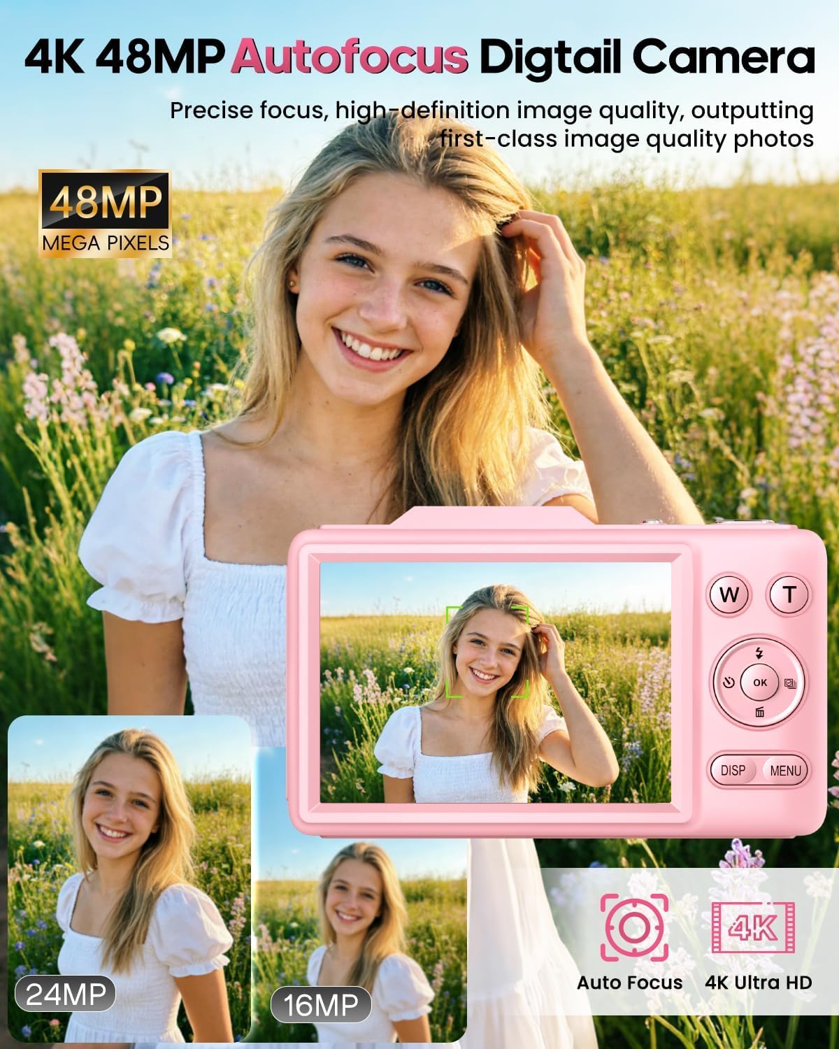 Cámara digital 4K para niños, cámara de vlogging de enfoque automático de 48 MP con tarjeta de 32 GB, zoom de 16X, antivibración, cámara compacta de apuntar y disparar para adolescentes principiantes