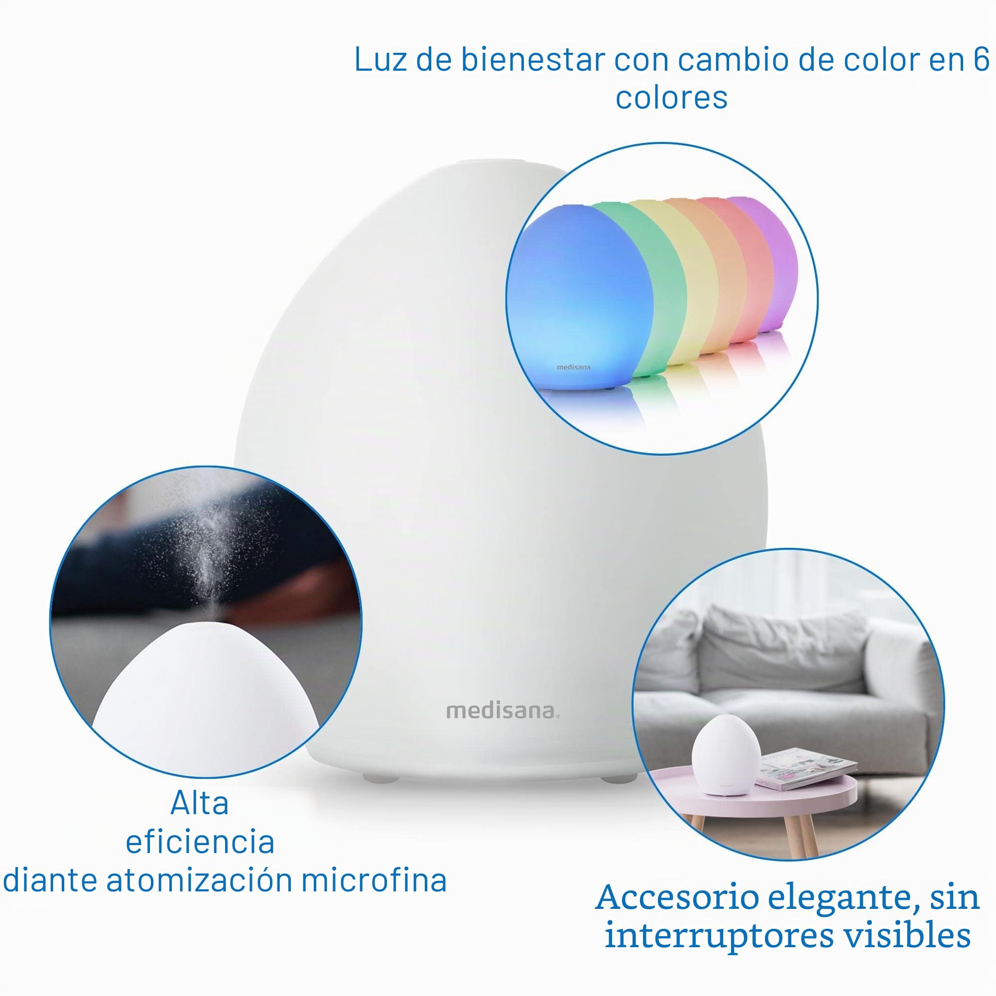 medisana AD 630 difusor de aromas, difusor aceites esenciales | con luz de bienestar y timer, humidificador con tecnología ultrasónica para una agradable fragancia ambiental