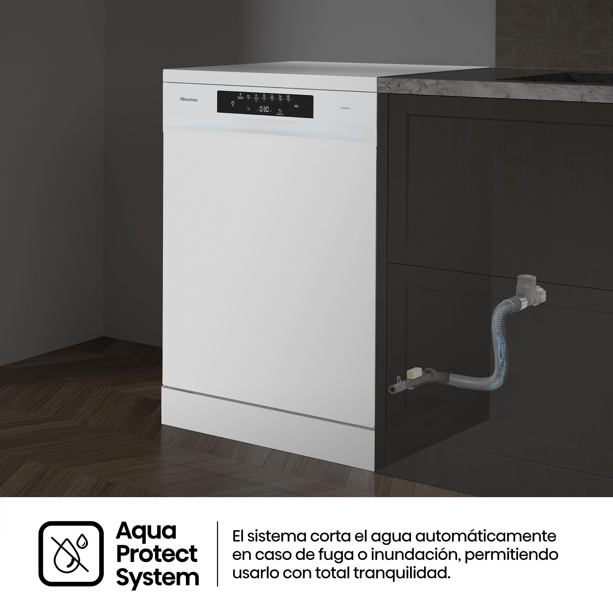 Hisense HS643B90W - Lavavajillas Clase B, 15 Servicios, Fondo 60cm, Secado Extra, Programa Automático, Tercera Bandeja, Programa Corto 1 hora, 15 Servicios, Aqua Protect System, Control Táctil, Blanco