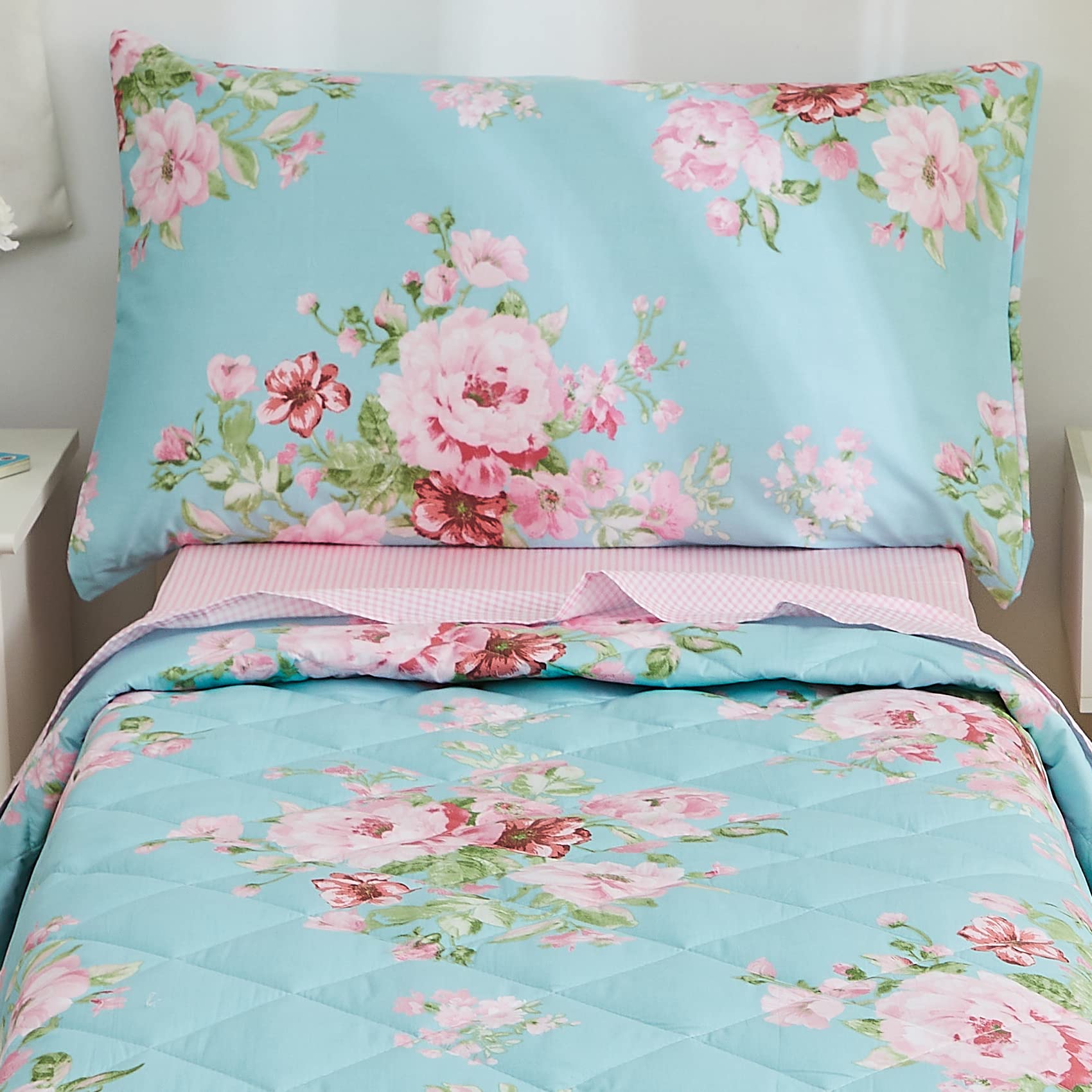 Brandream Juego de ropa de cama de algodón para niñas pequeñas en una bolsa, juego de edredón floral de jardín, juego de sábanas de cuadrícula rosa, 4 piezas
