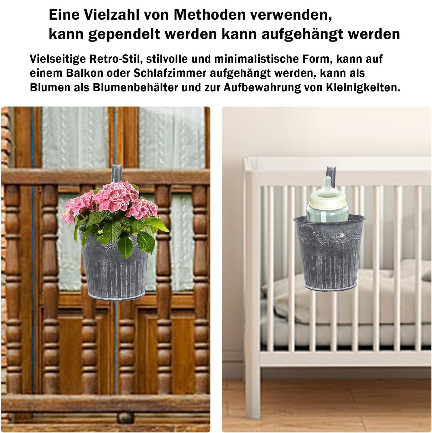 5 Vasi Sospesi In Metallo Vintage Per Piante, Fiori E Erbe - Con Gancio, Secchielli Decorativi Da Balcone, Stile Retrò - 2